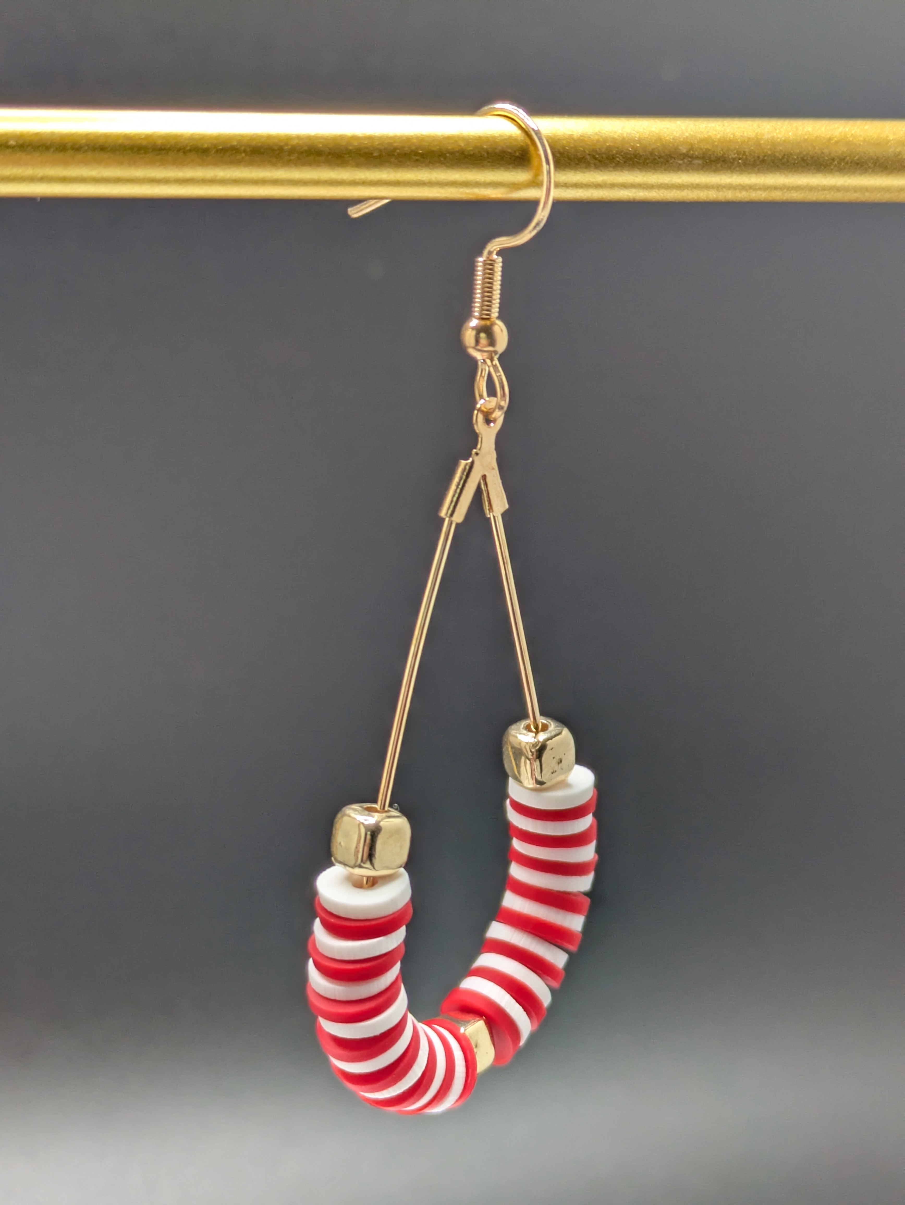 Red and White Beaded Hoop Earrings