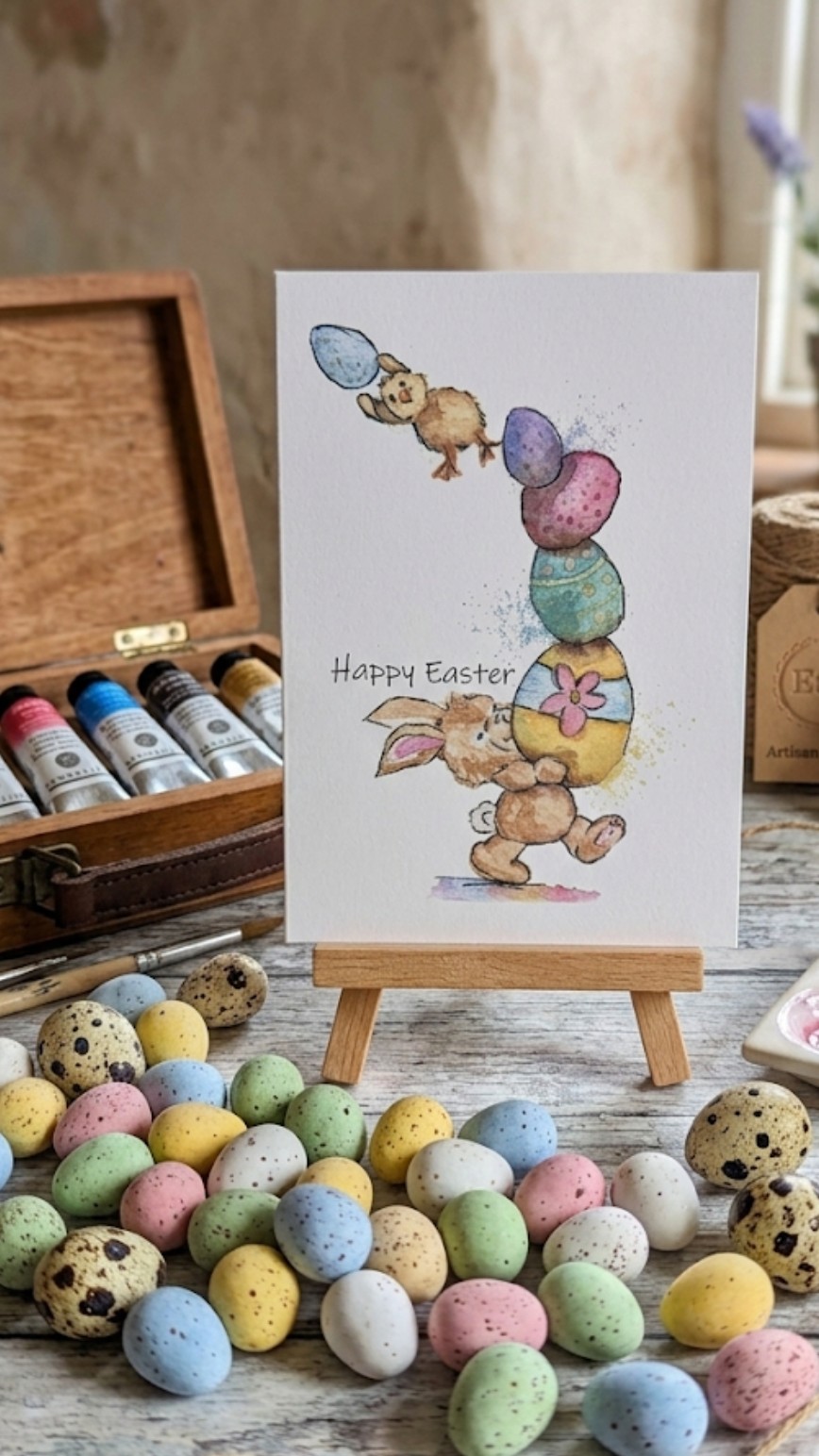 Bunny and chick with egg stack