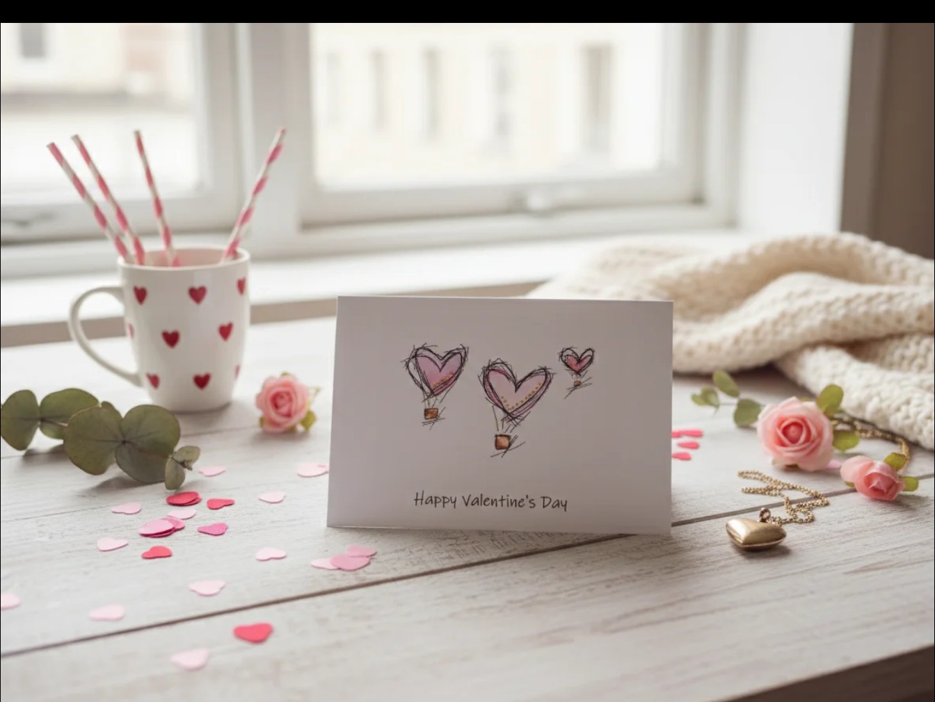 Valentine's Day Greeting Card, Pink with black outline heart hot air balloon's