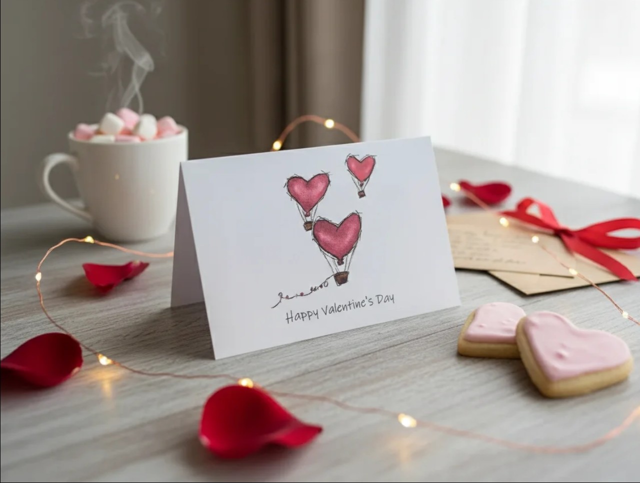 Valentine's Day Greeting Card, Red heart hot air balloon's