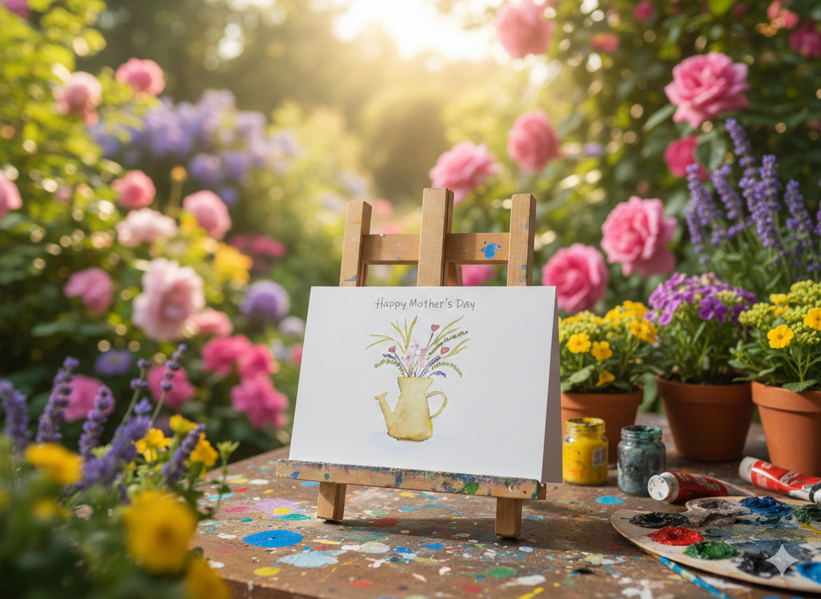 Watering can, floral, simple, Mother's Day greetings card
