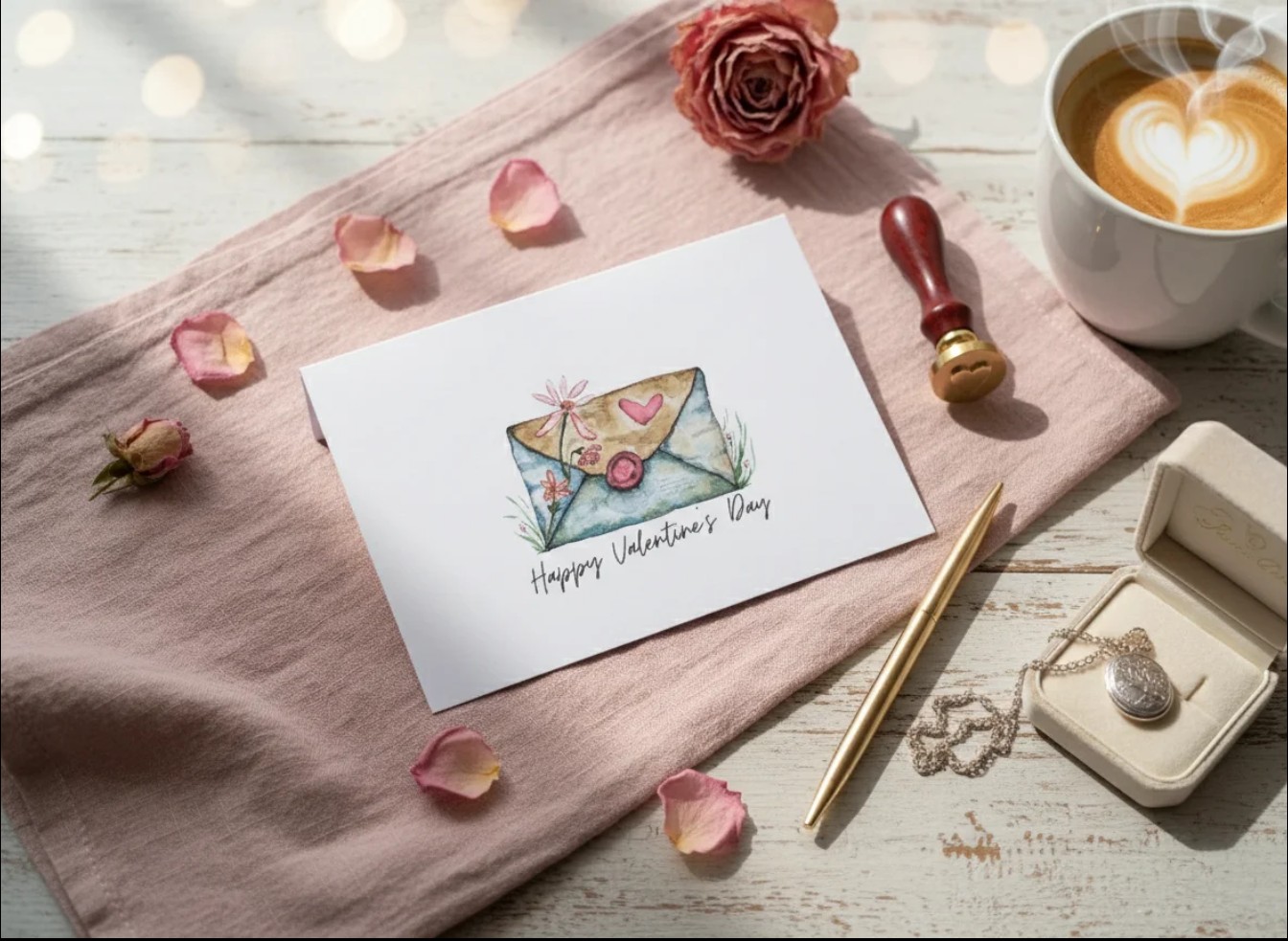 Valentine's Day Greeting Card, rustic, floral envelope