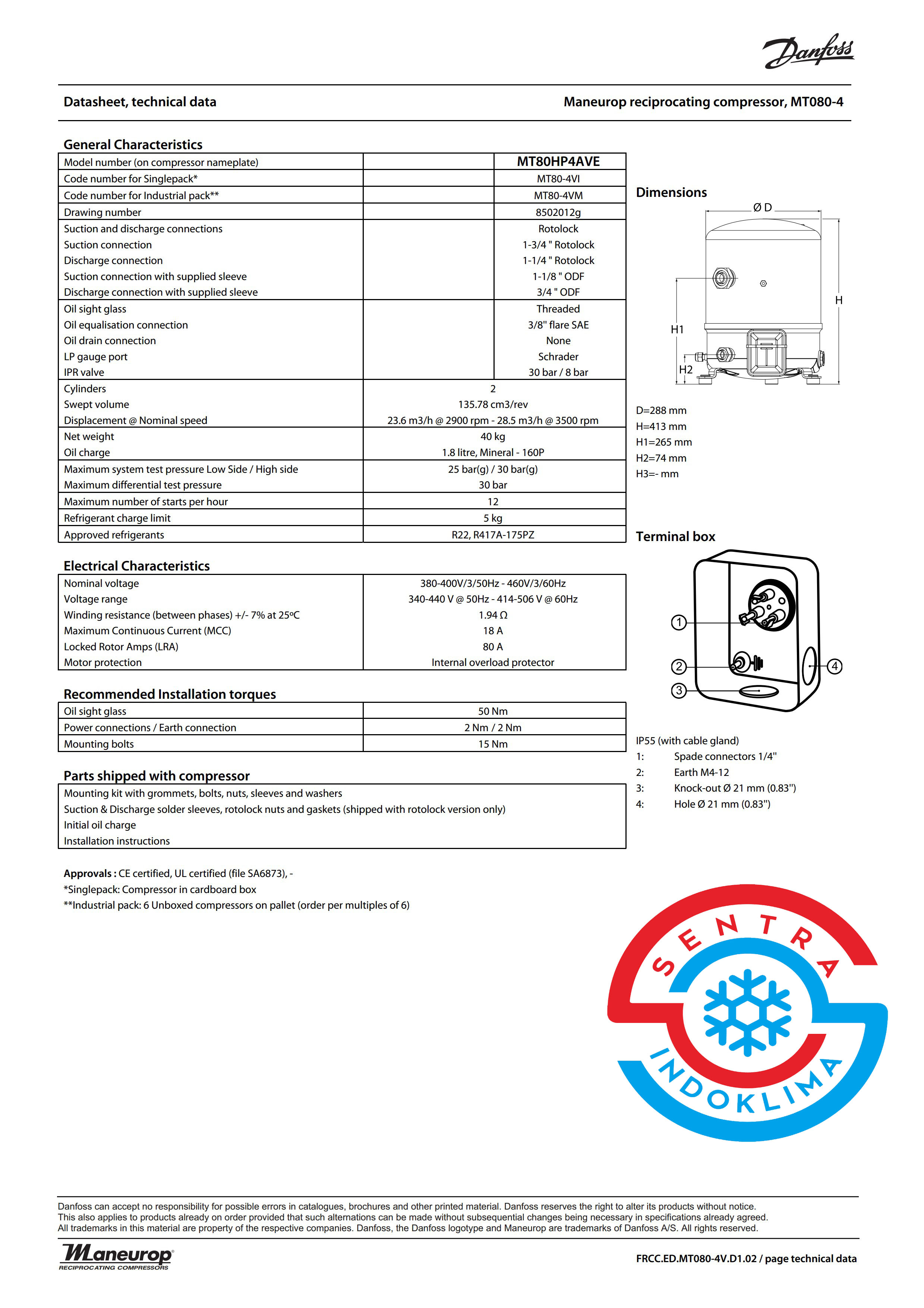 Danfoss Commercial Compressor MT80HP4AVE