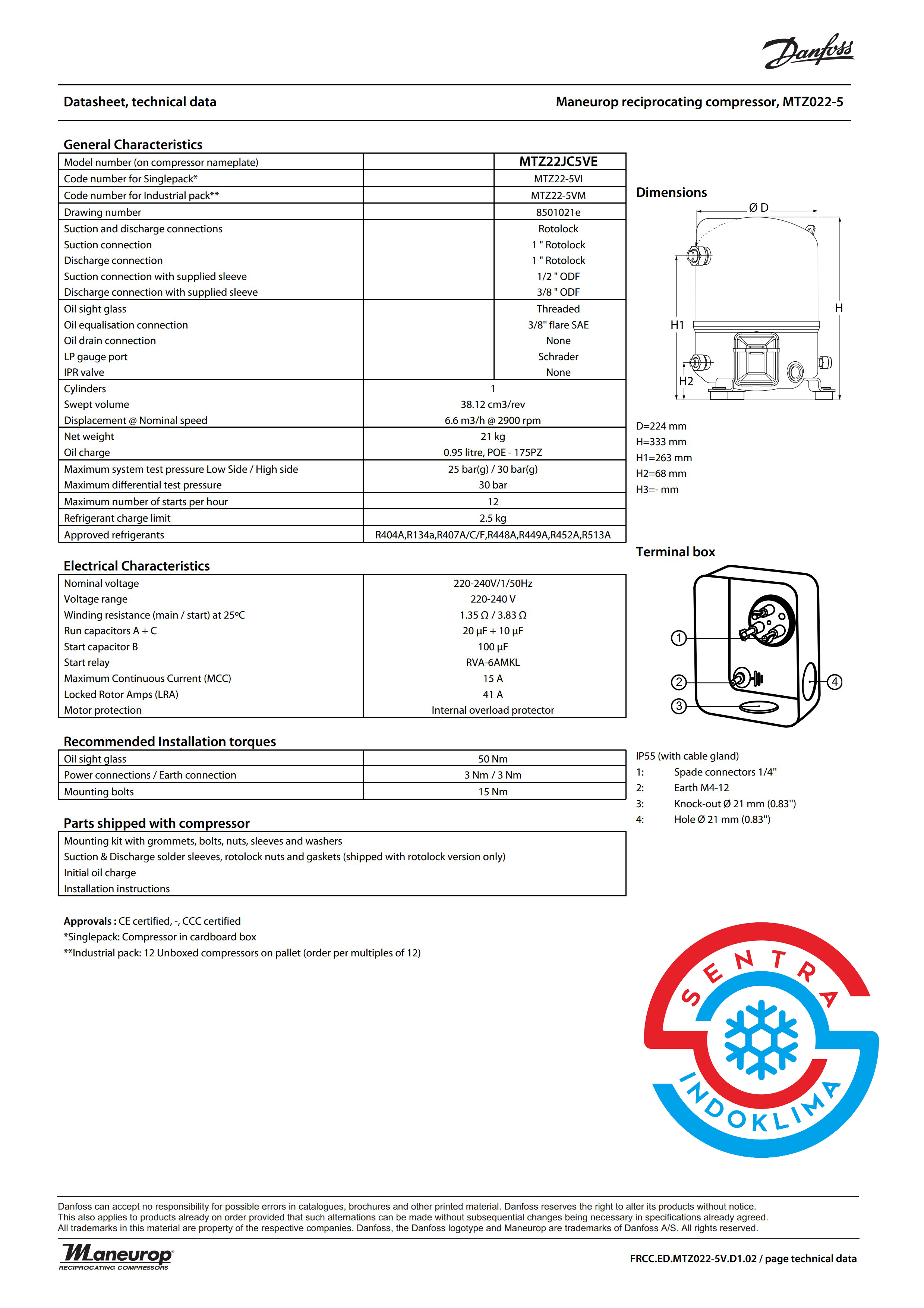 Danfoss Commercial Compressor MTZ22JC5VE