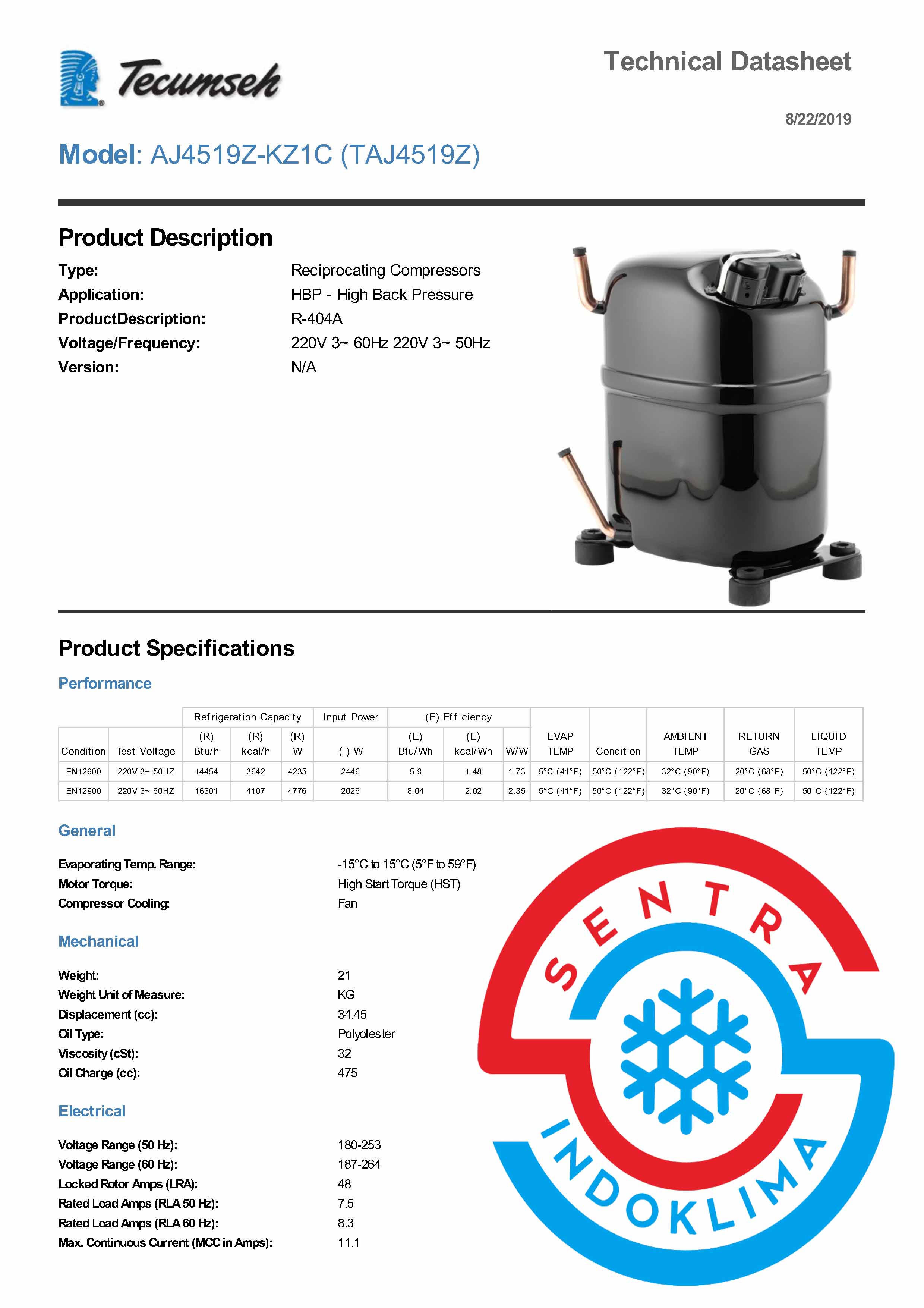 Kompresor Tecumseh TAJ4519Z