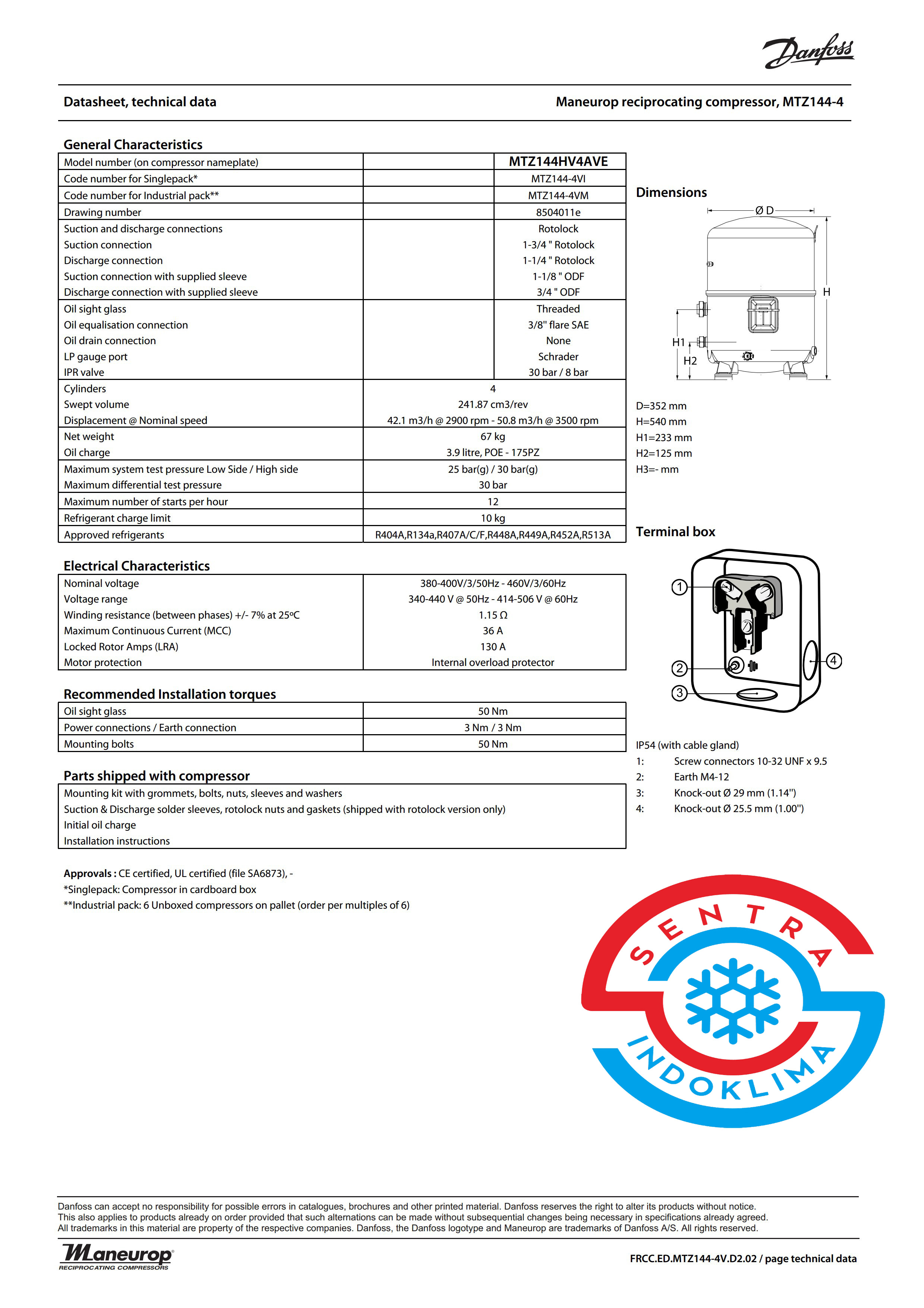 Kompresor Danfoss Maneurop MTZ144HV4VE