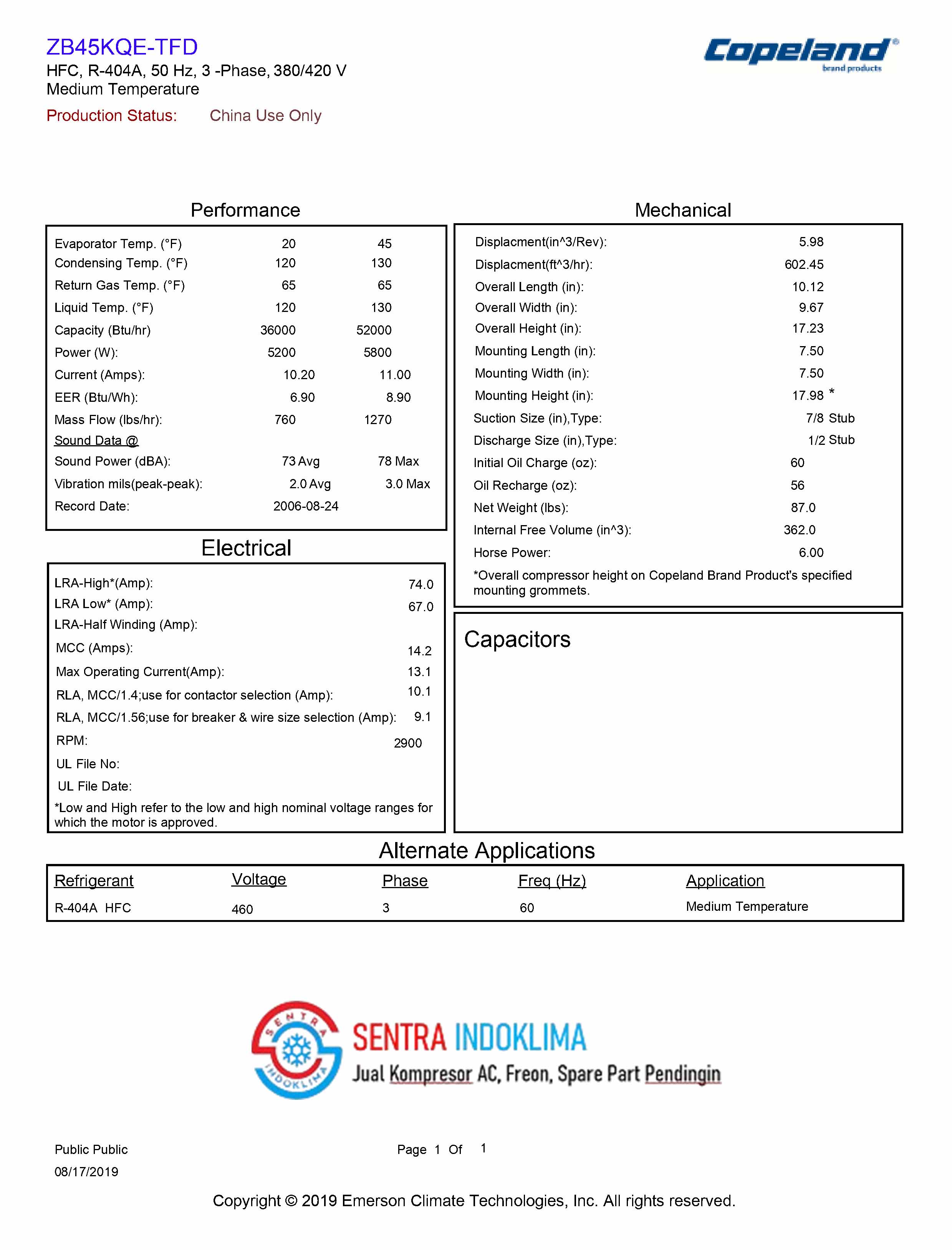 Kompresor Copeland Scroll ZB45KQE-TFD-558