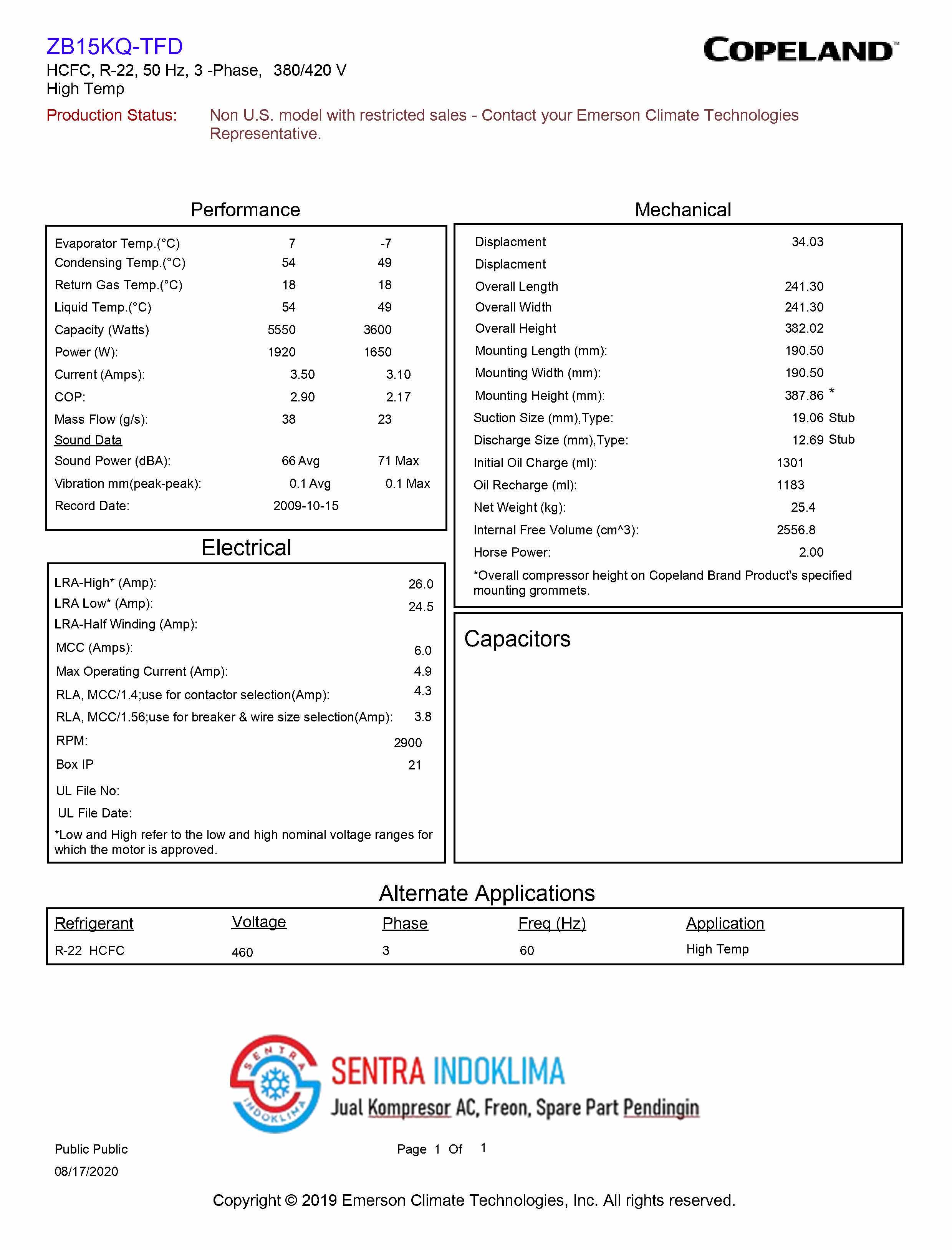 Kompresor AC Emerson ZB15KQ-TFD-558