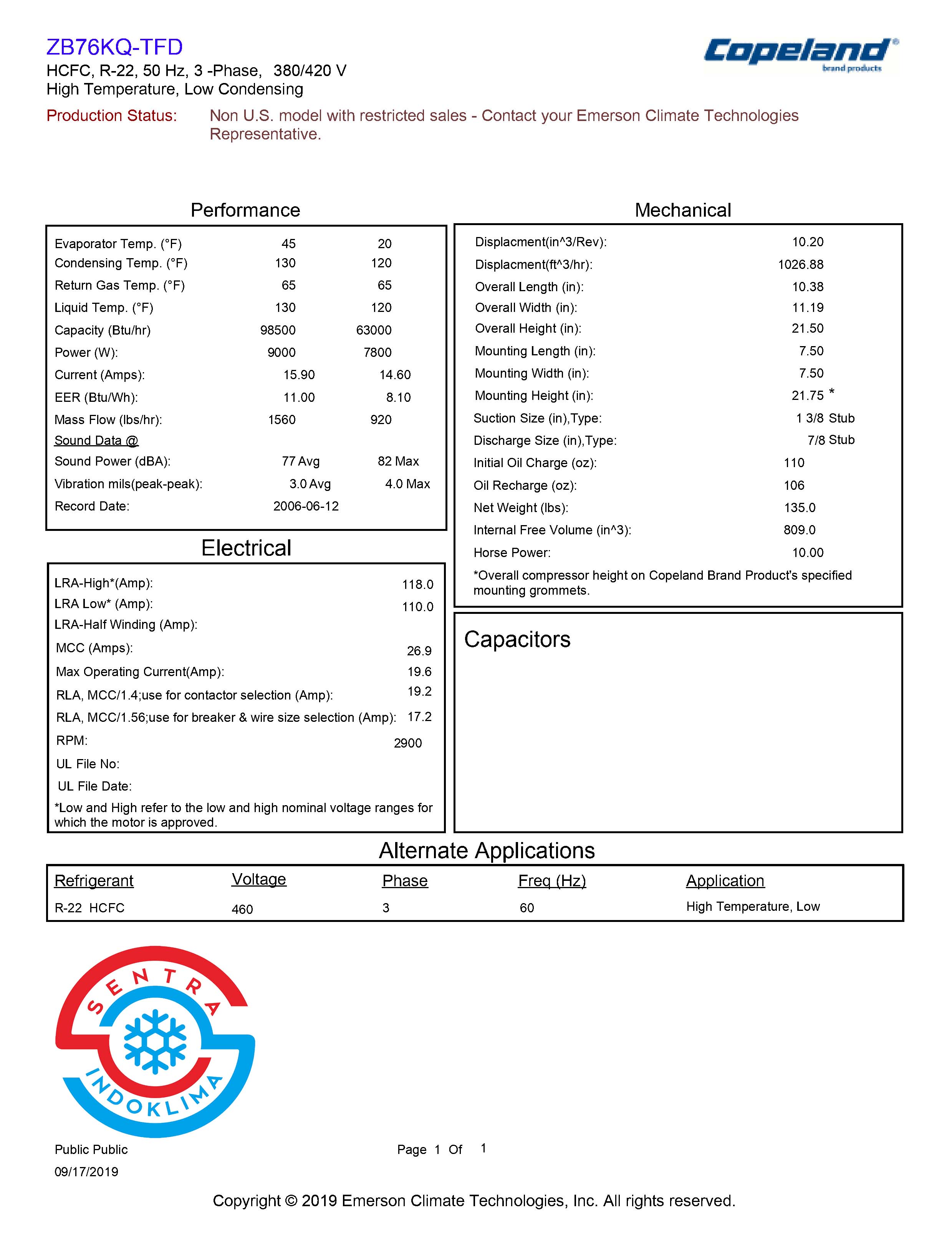 Compressor Copeland Scroll ZB76KQ-TFD-550