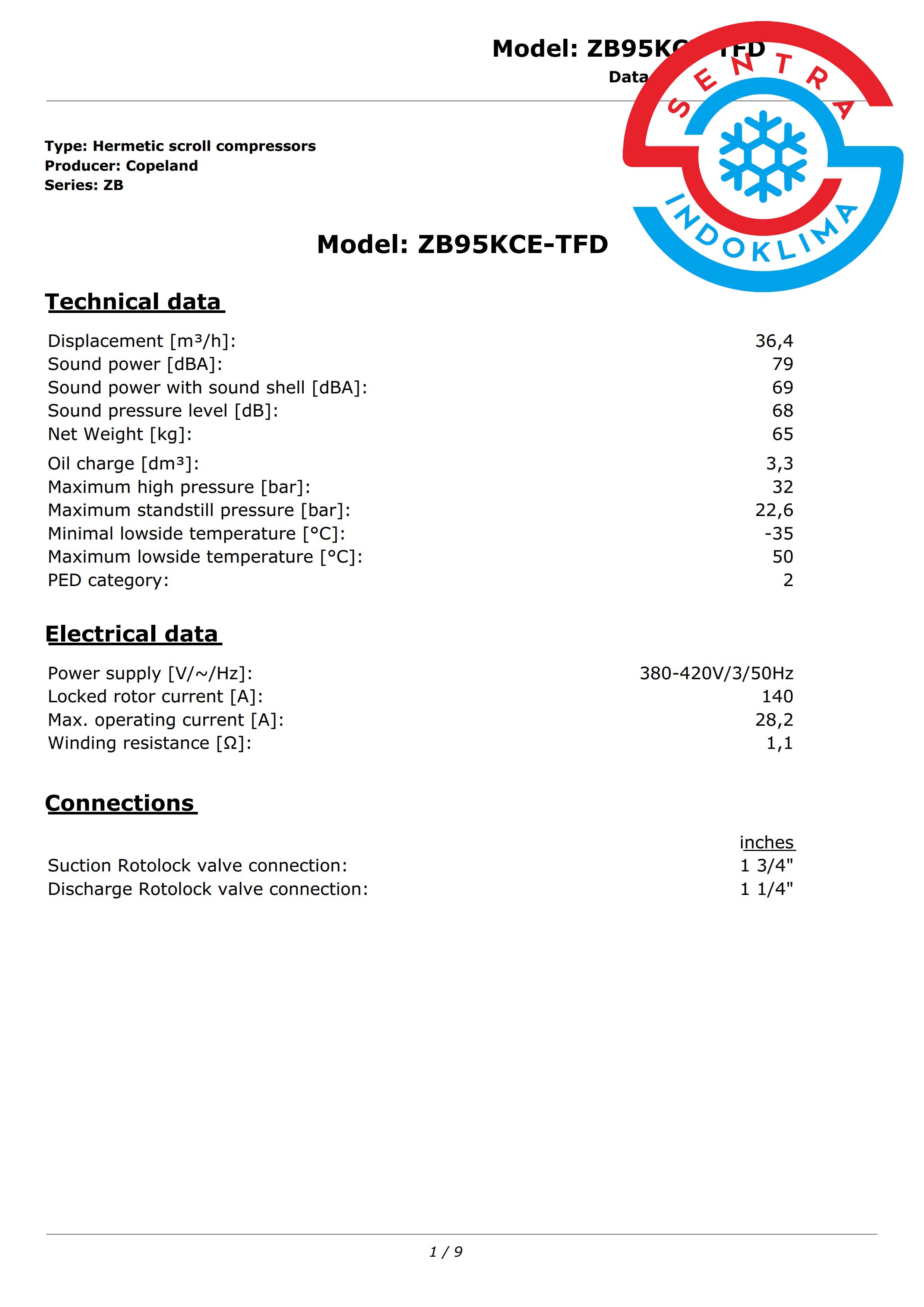 Kompresor AC Emerson Copeland Scroll ZB95KQE-TFD-551