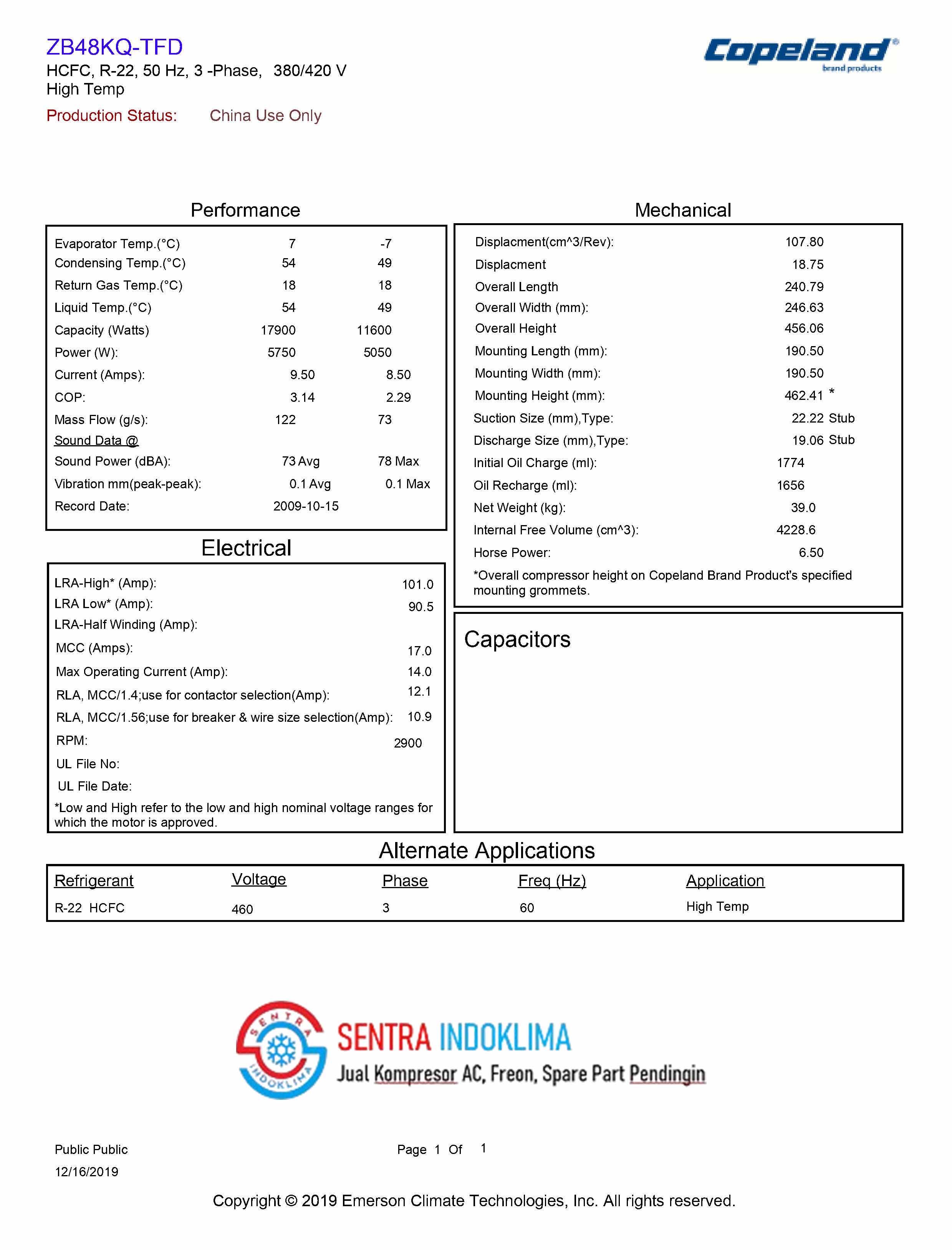 Kompresor Copeland Scroll ZB48KQ-TFD-524