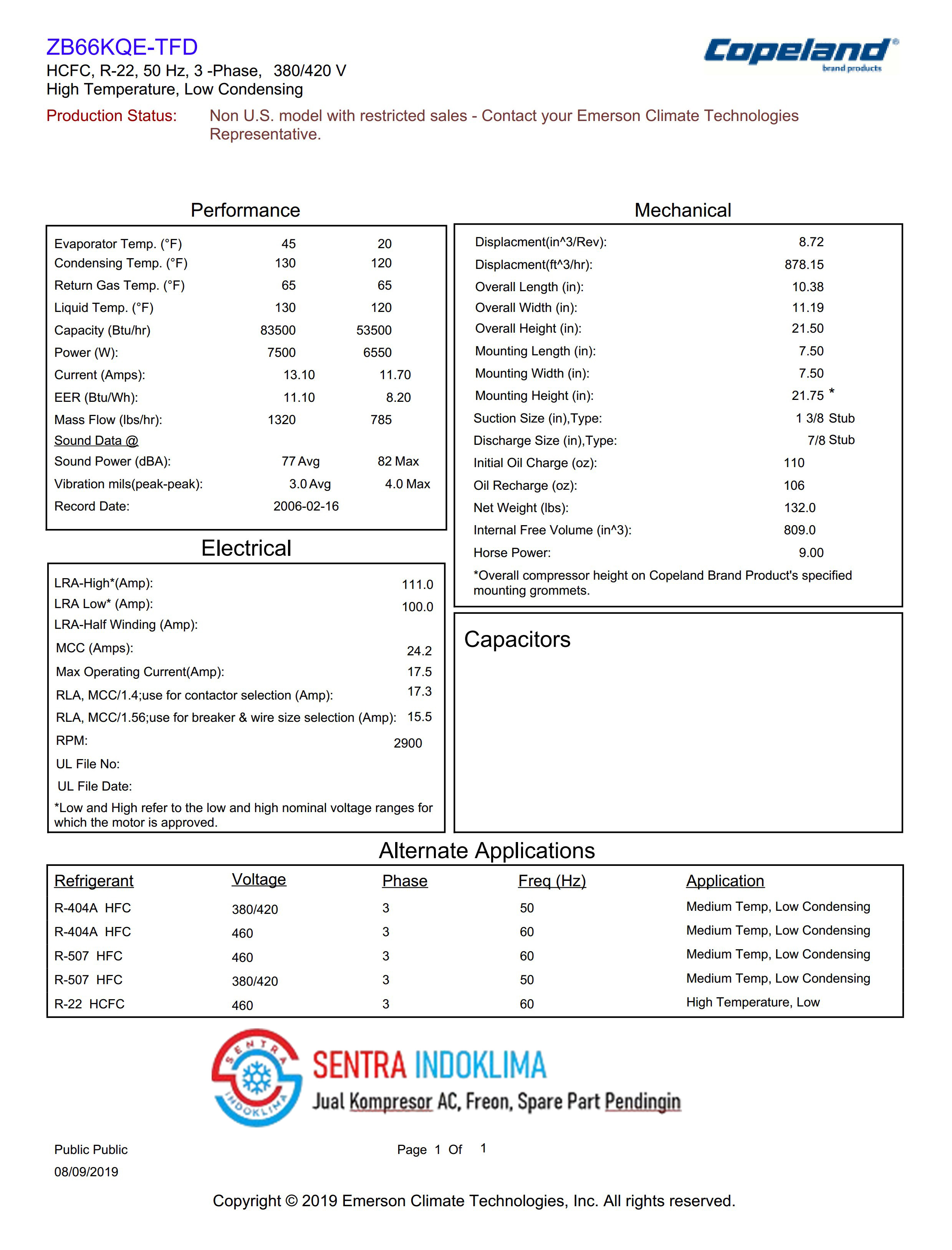 Kompresor Copeland Scroll ZB66KQE-TFD-550