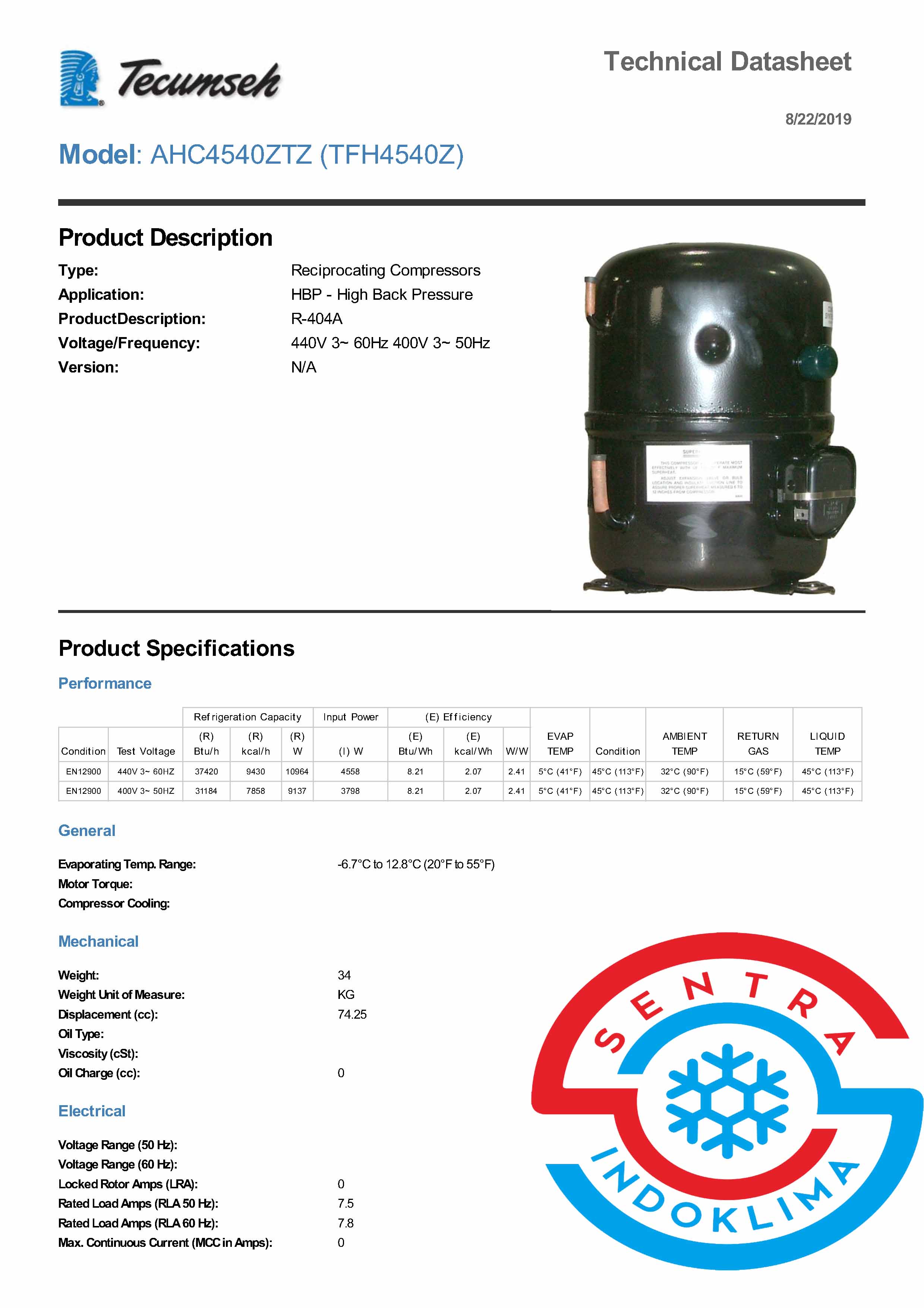 Kompresor Tecumseh TFH4540Z
