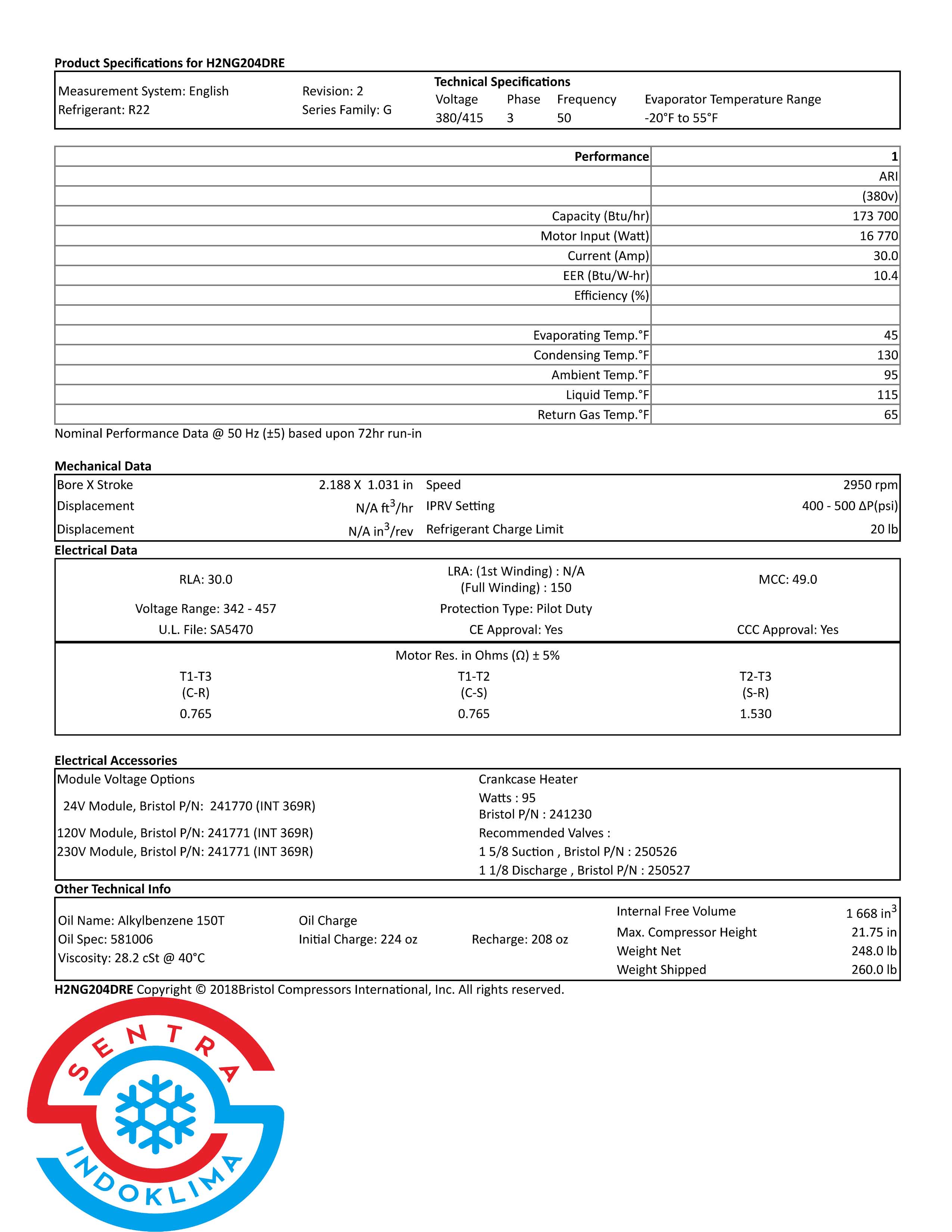 Kompresor Bristol H2NG204DREF