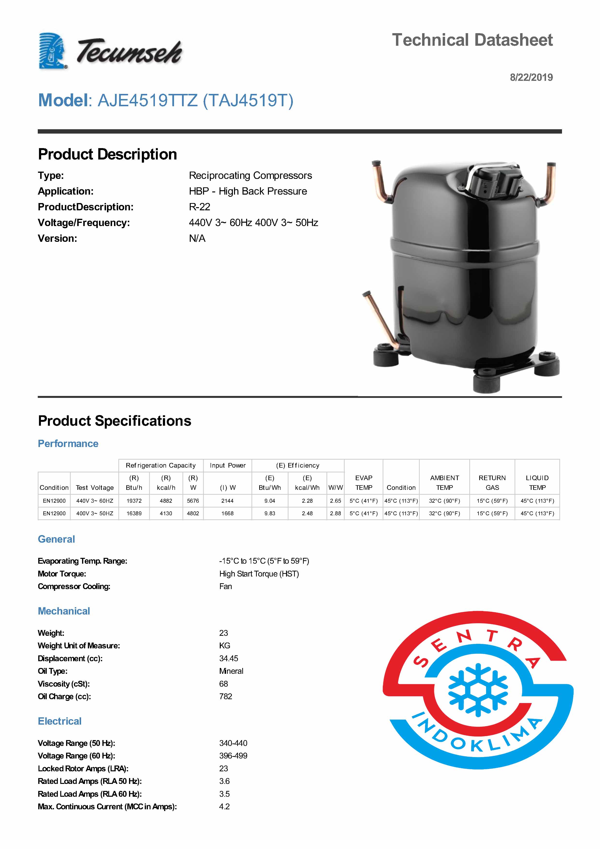 Kompresor Tecumseh TAJ4519T
