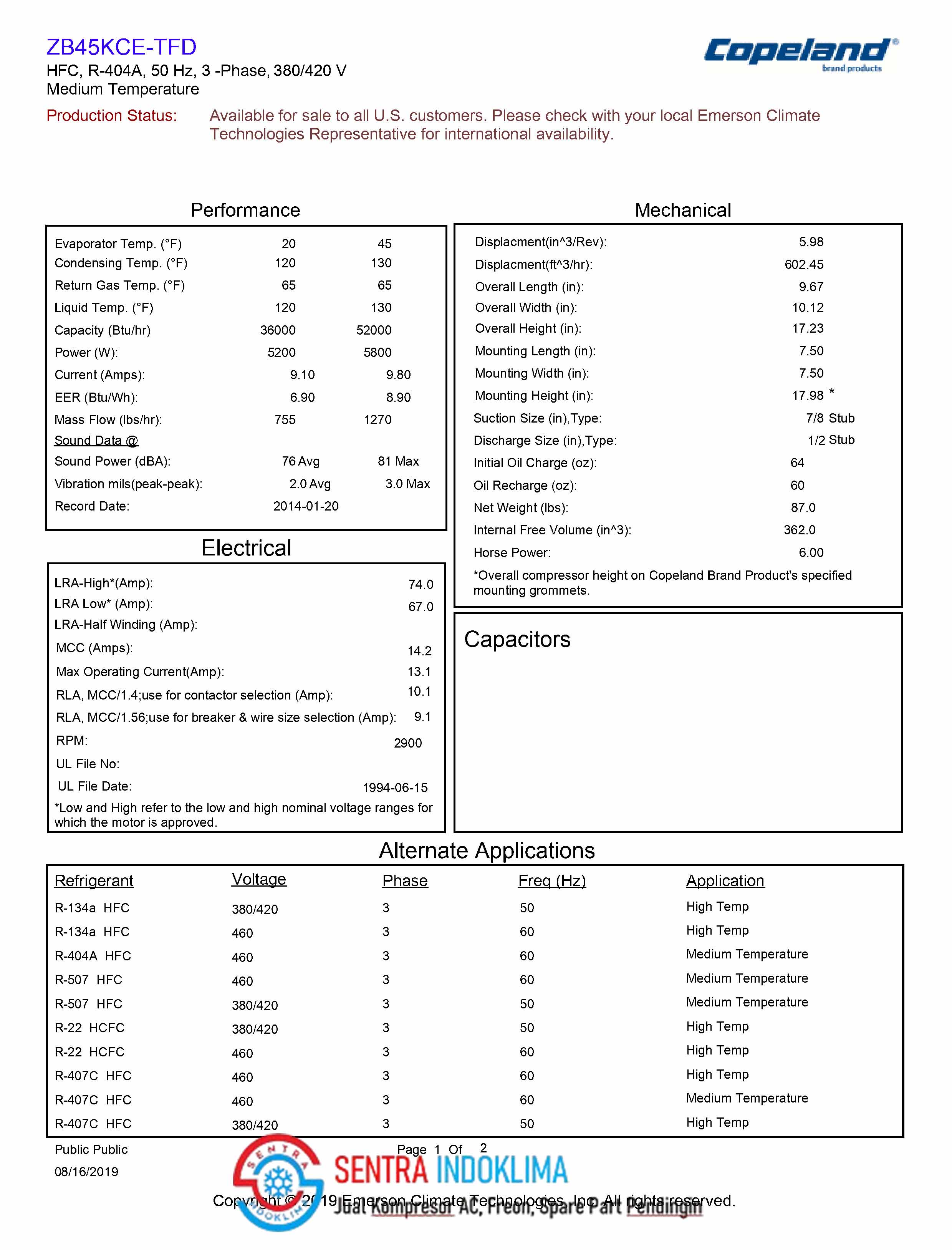 Kompresor AC Copeland Scroll ZB45KCE-TFD-551