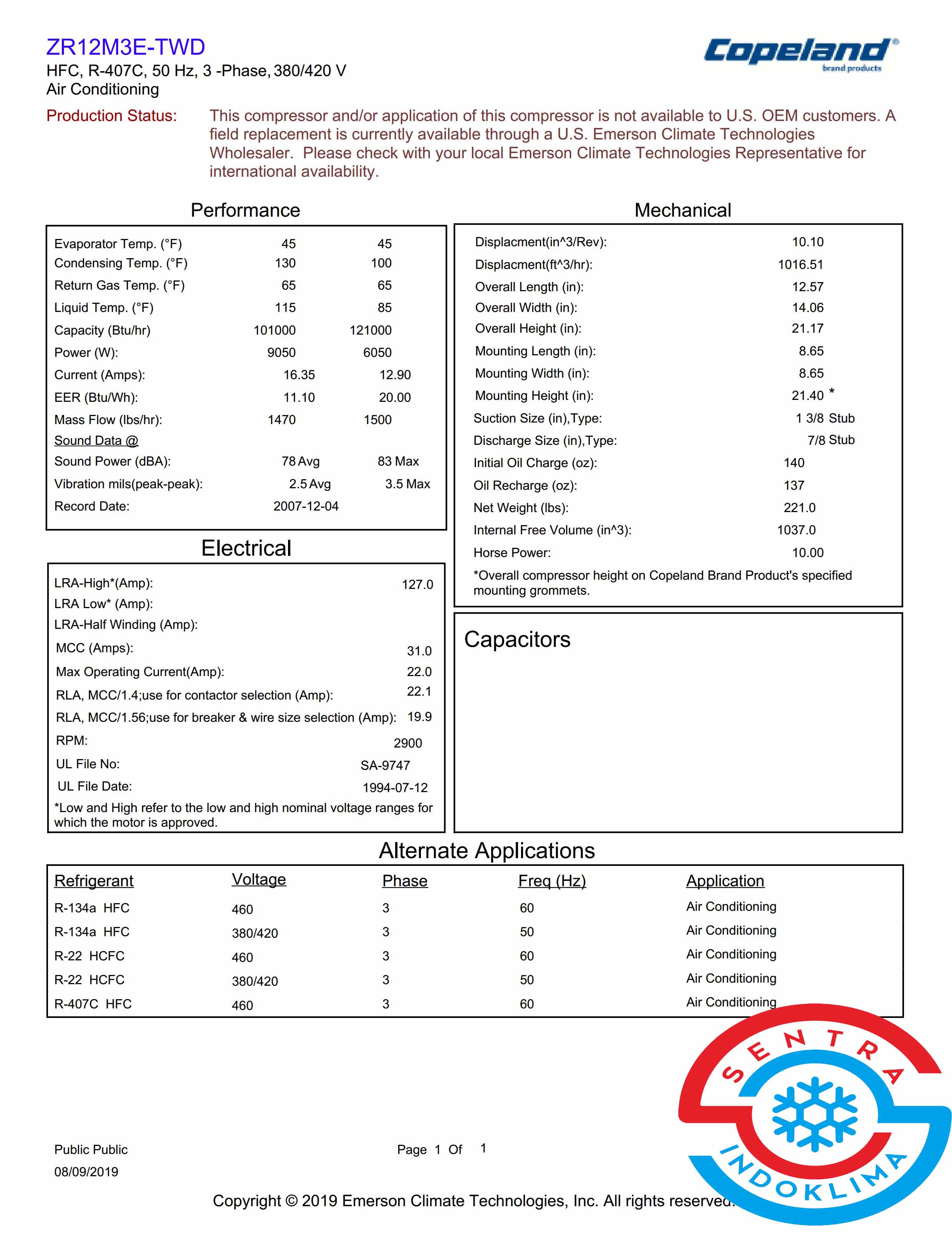 Kompresor Copeland ZR12M3E-TWD-551