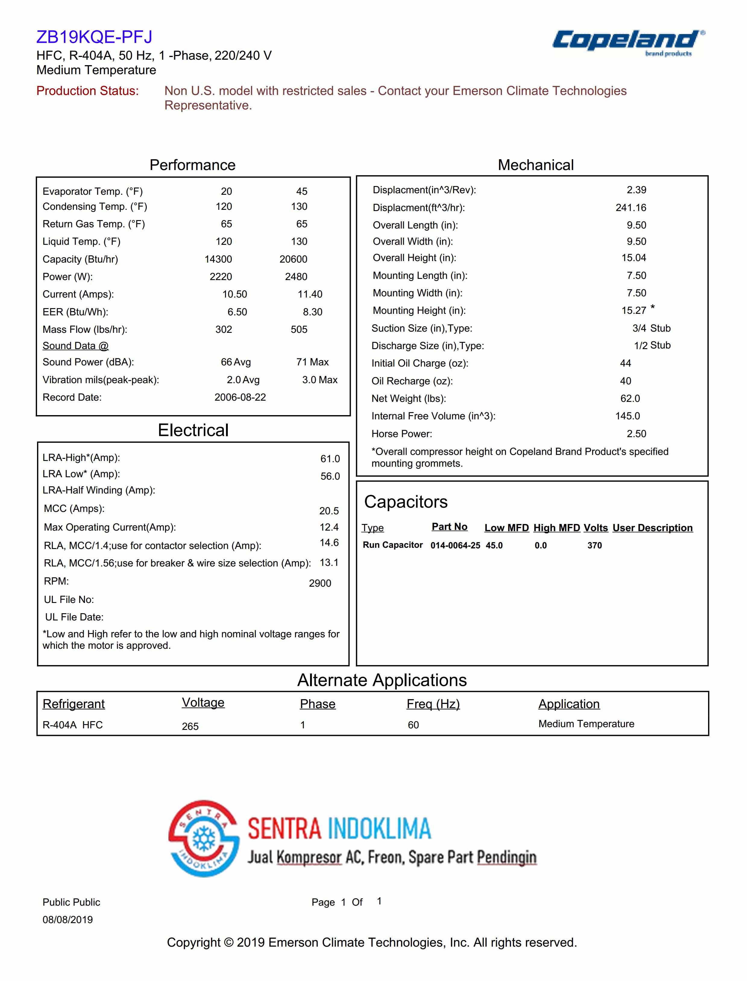 Kompresor AC Copeland Scroll ZB19KQE-PFJ-524