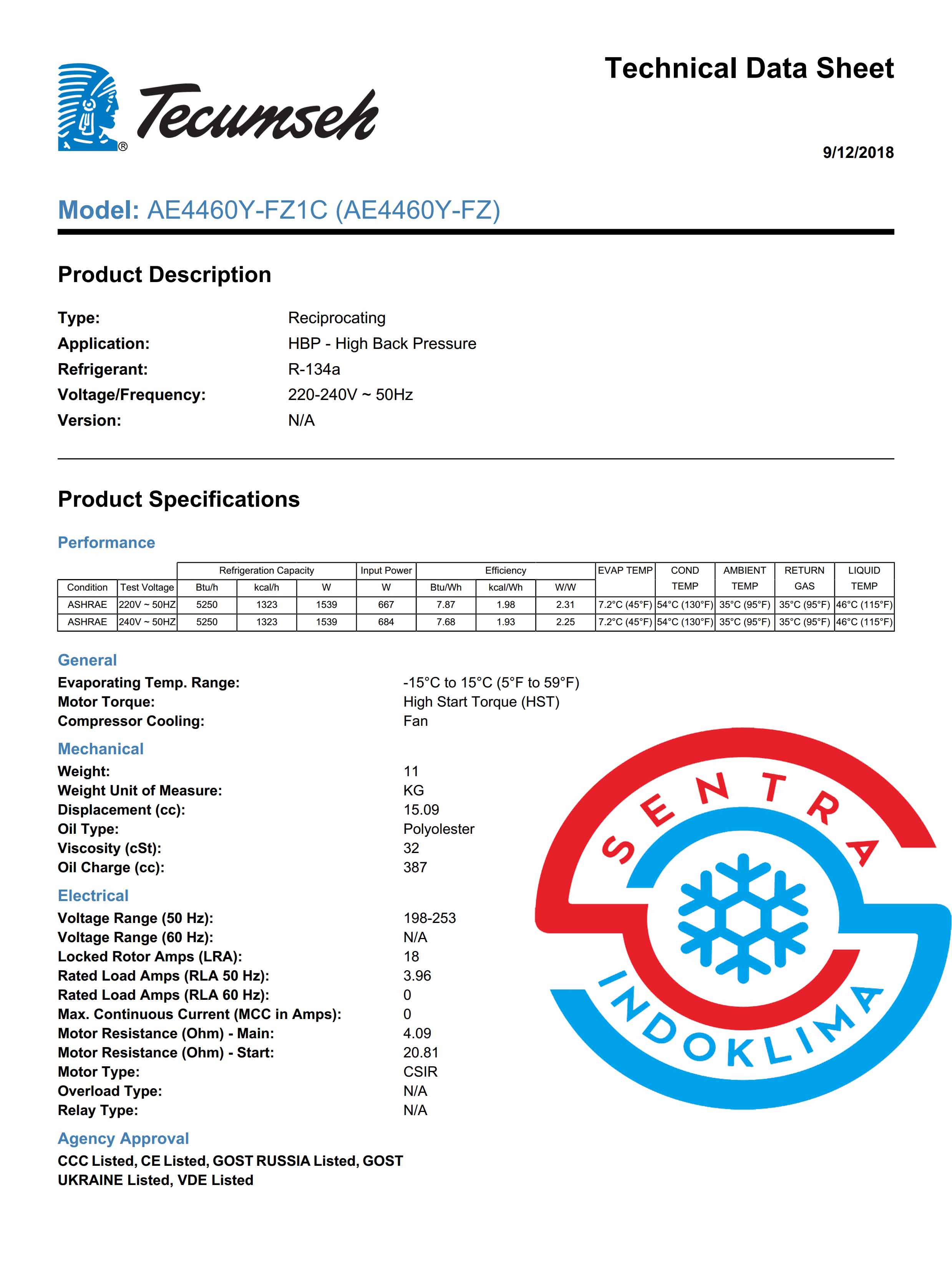 Kompresor pendingin Tecumseh CAE4460Y