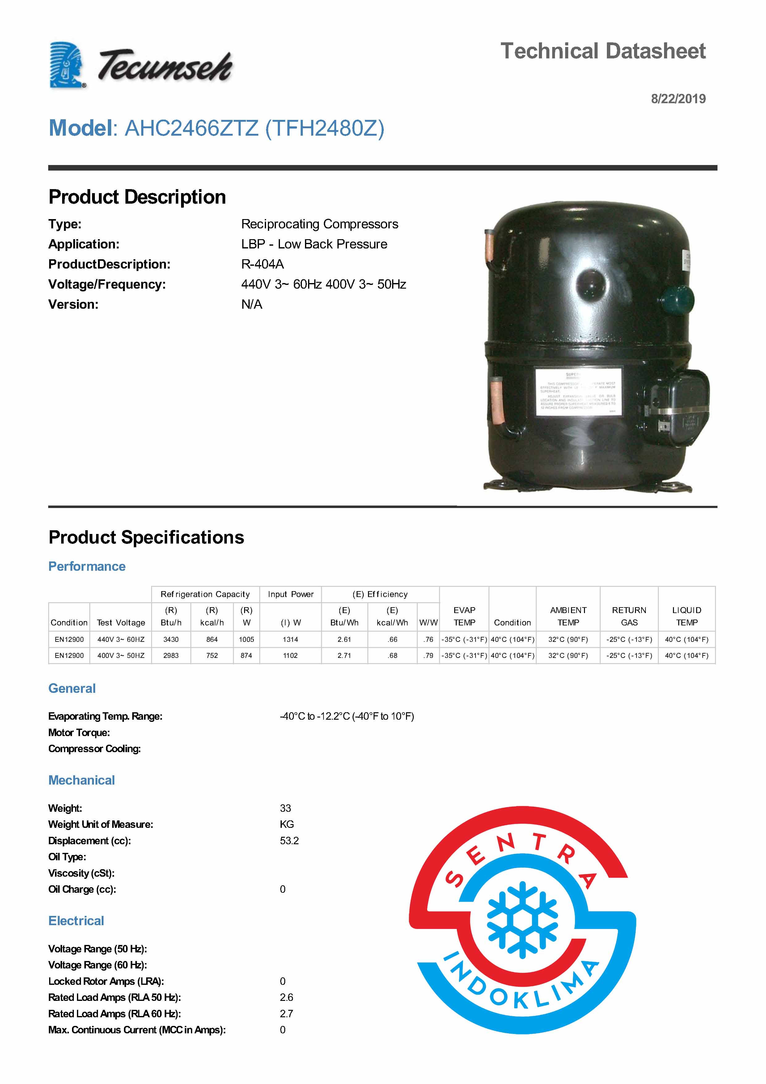 Kompresor Tecumseh TFH2480Z
