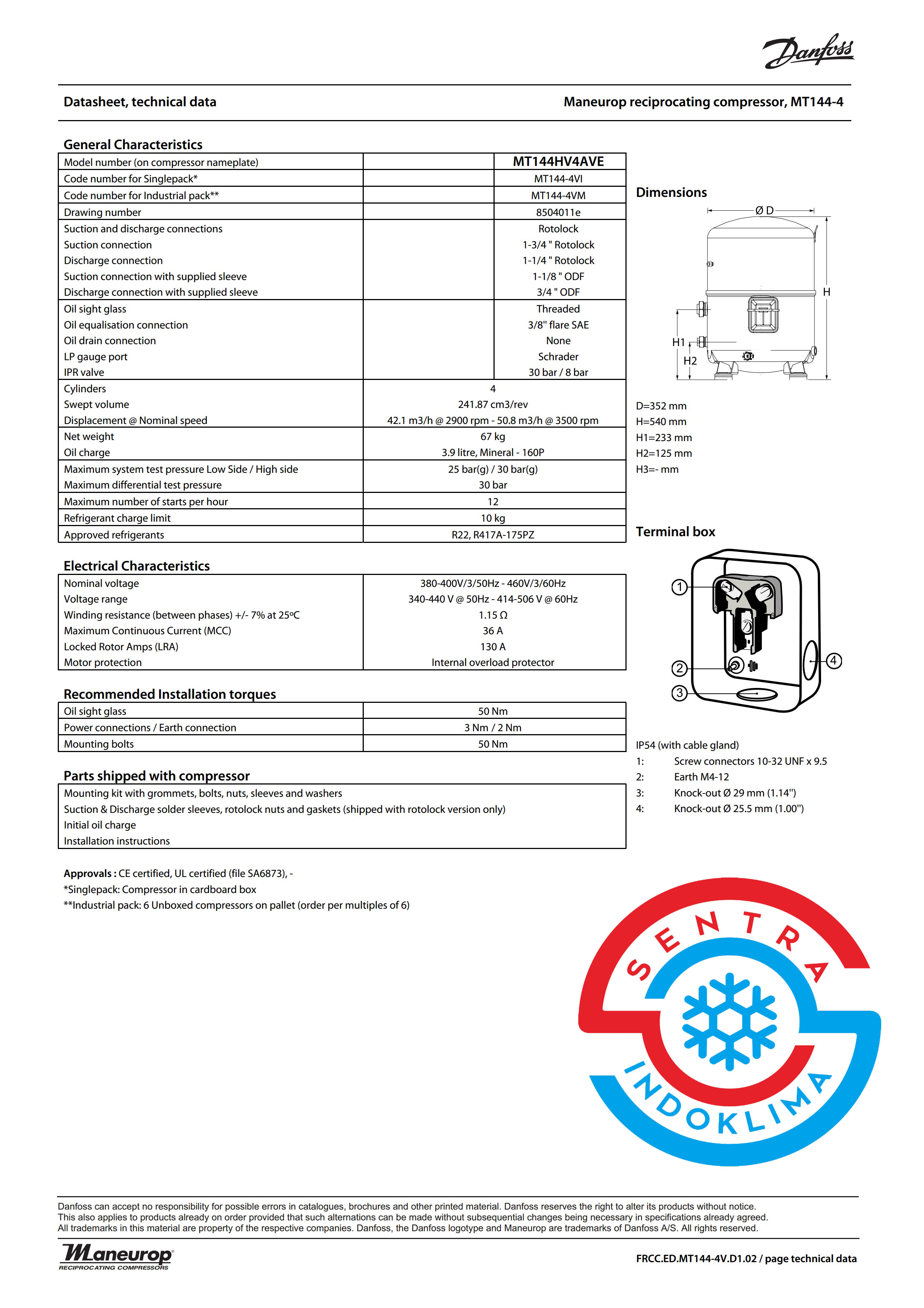 Danfoss Commercial Compressor MT144HV4AVE