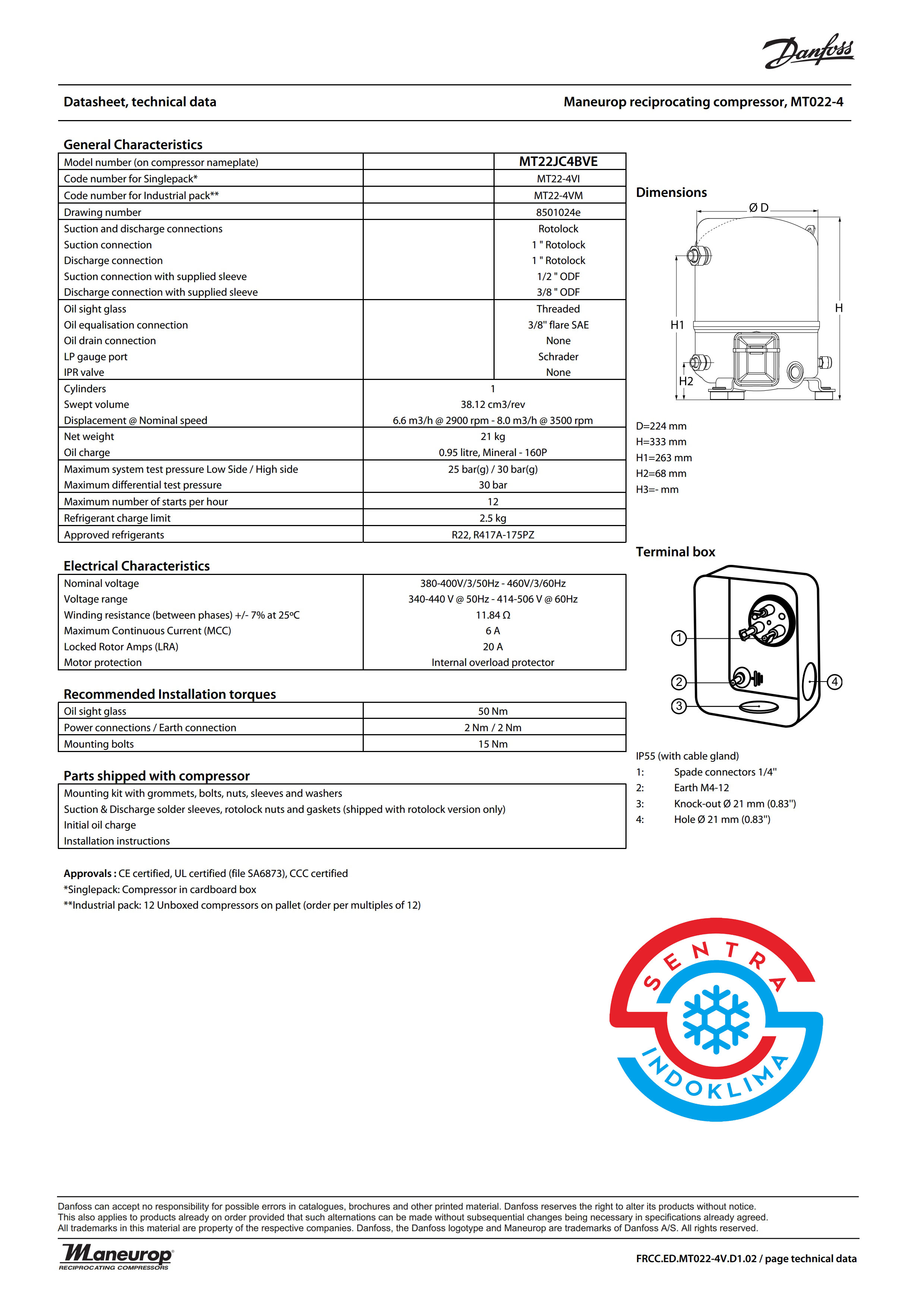Compressor MT22JC4BVE Danfoss
