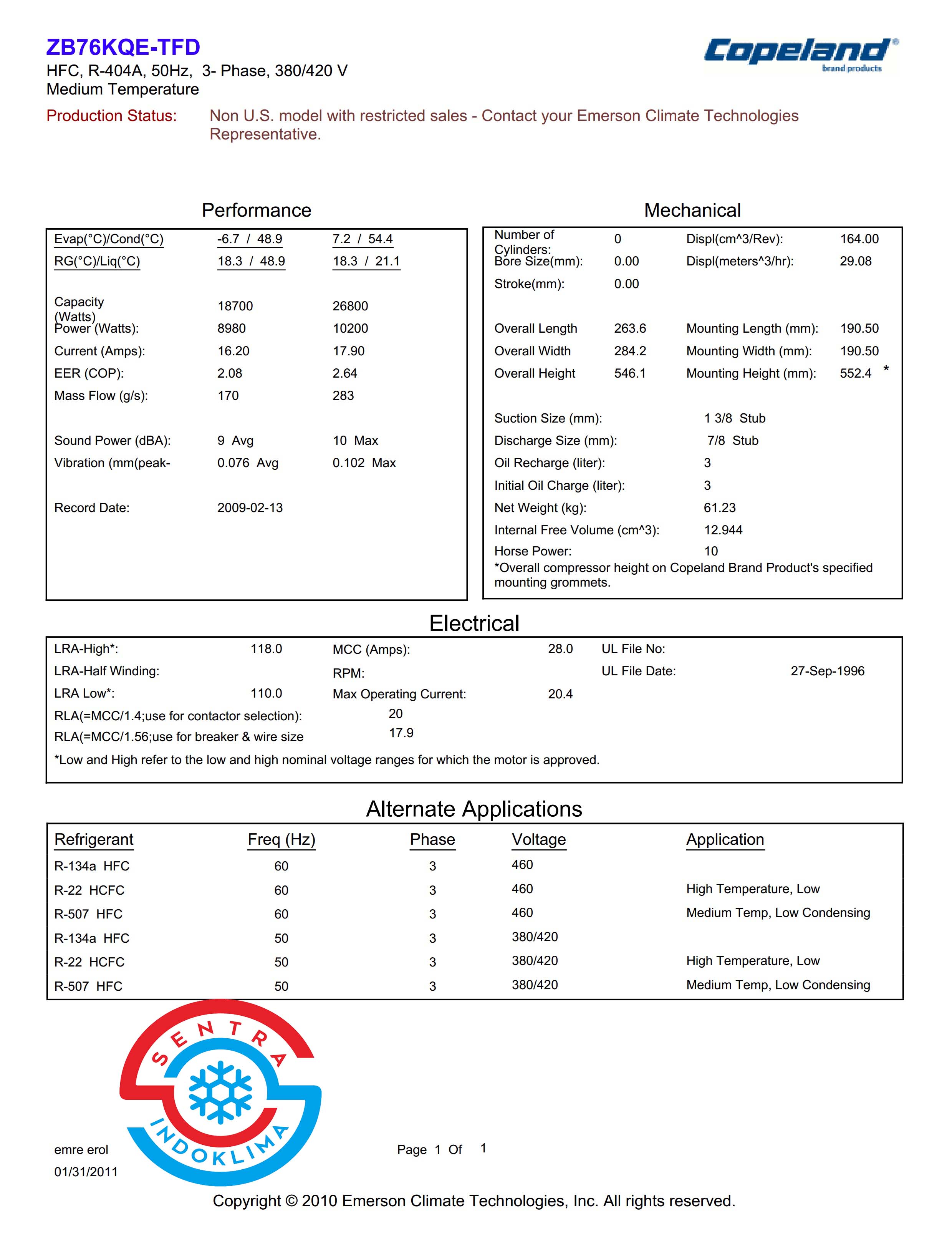 Kompresor ZB76KQE-TFD-524 Copeland Emerson