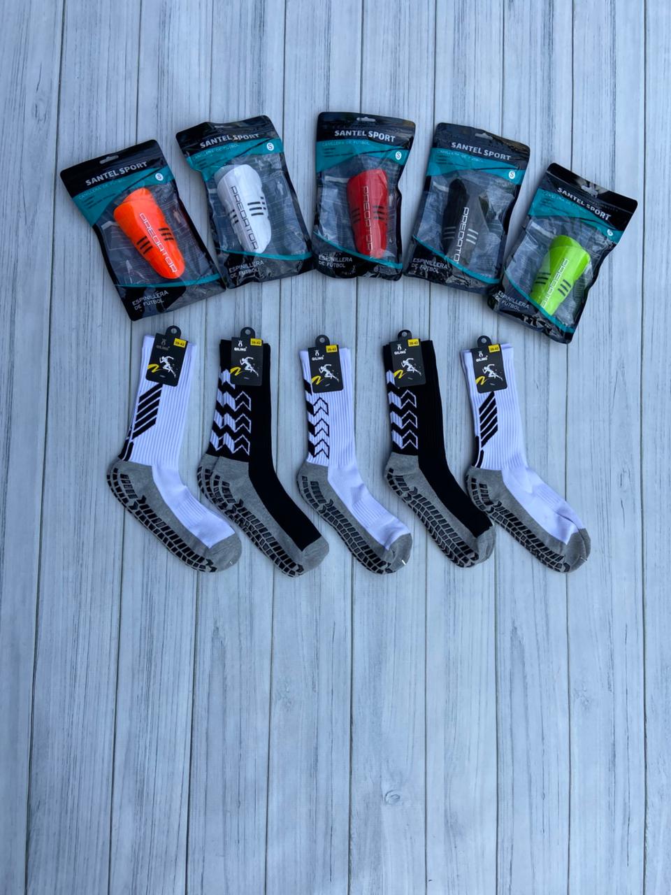 Pack Mayorista, 5 Medias Antideslizantes y 5 canilleras