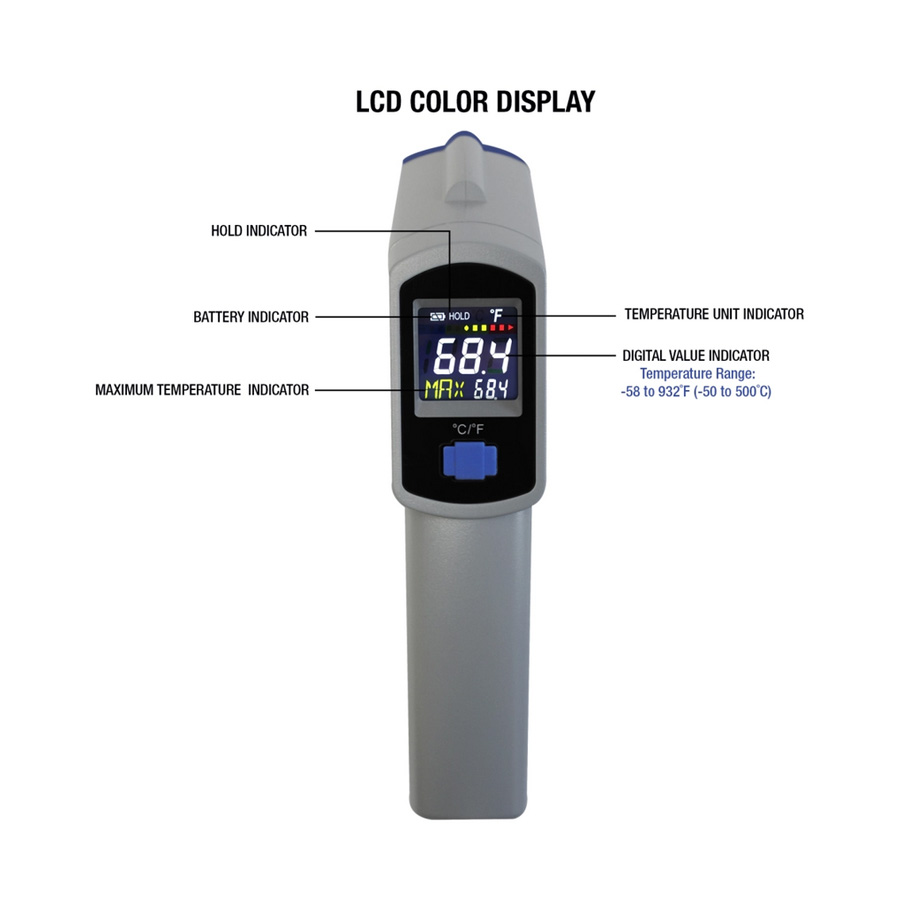 Termômetro infravermelho mira laser -50 °C A 500°C resolução 0.1°F / 0.1°C precisão: ±2°C (4°F) da leitura Mastercool 52224-A  