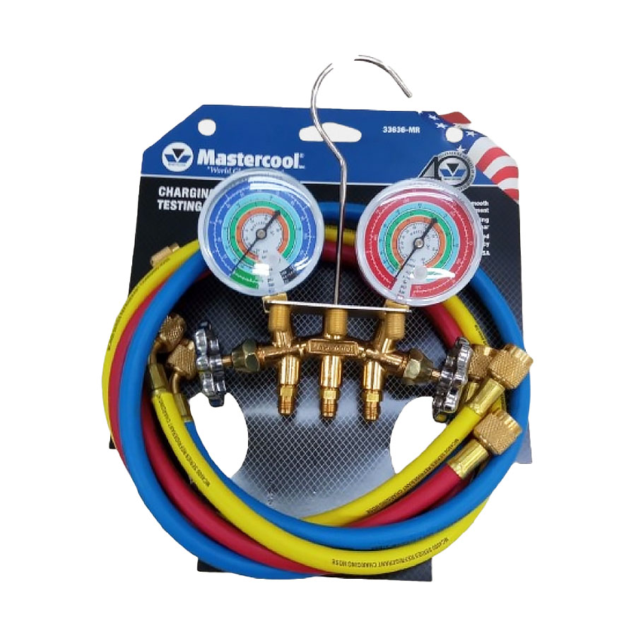  Manifold analógico de 2 vias fluidos refrigerantes R134a, R22, R12, R404A com mangueiras de 0,90 cm Mastercool 33636-MR
