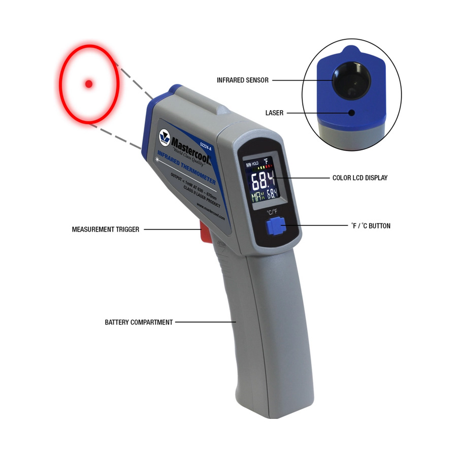 Termômetro infravermelho mira laser -50 °C A 500°C resolução 0.1°F / 0.1°C precisão: ±2°C (4°F) da leitura Mastercool 52224-A  