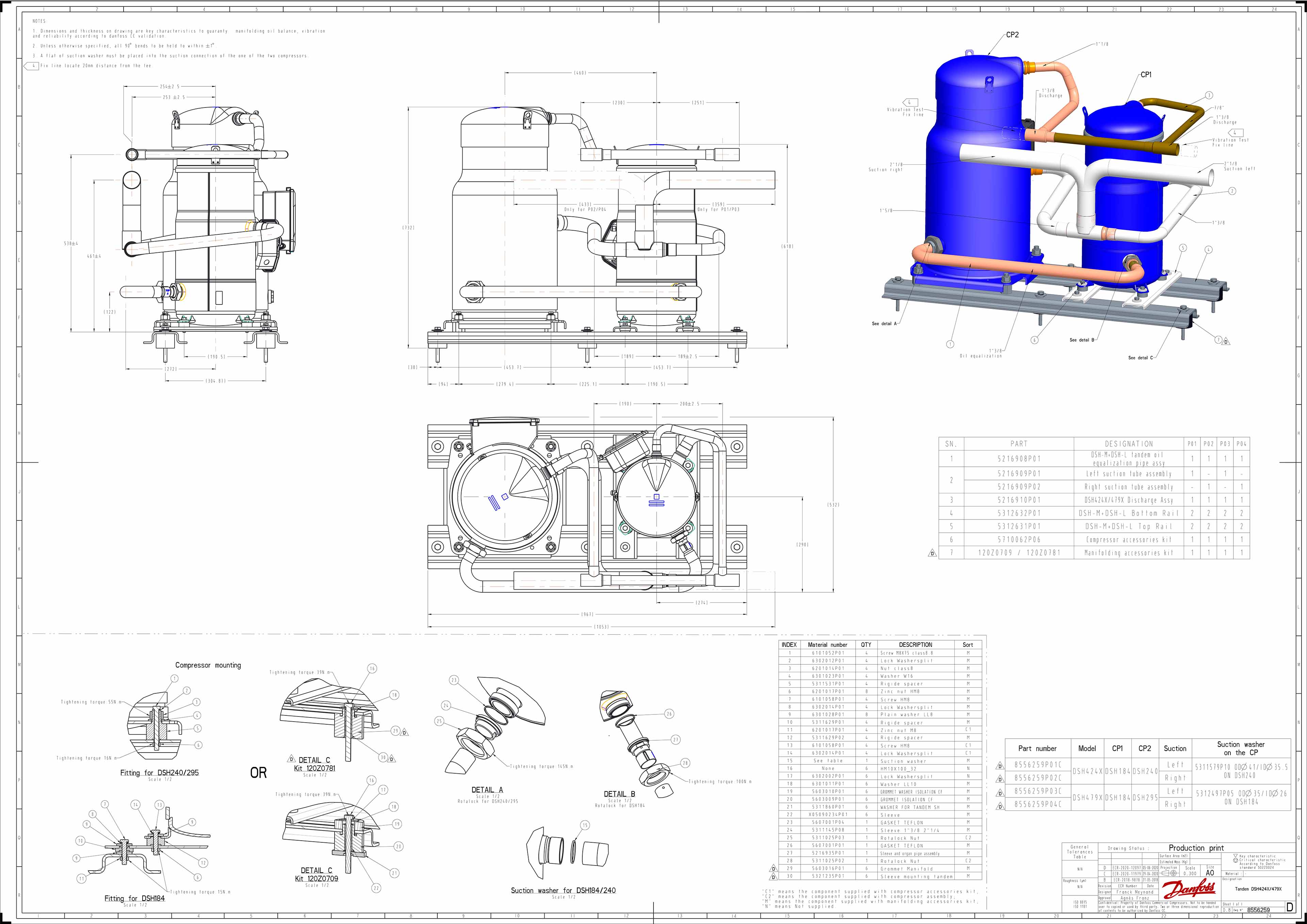 Compressores Scroll DSH240 R410 20TR Danfoss para Ar Condicionado