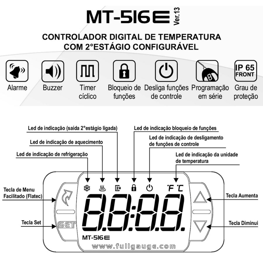 Controlador de Temperatura Digital Full Gauge MT516E Bivolt