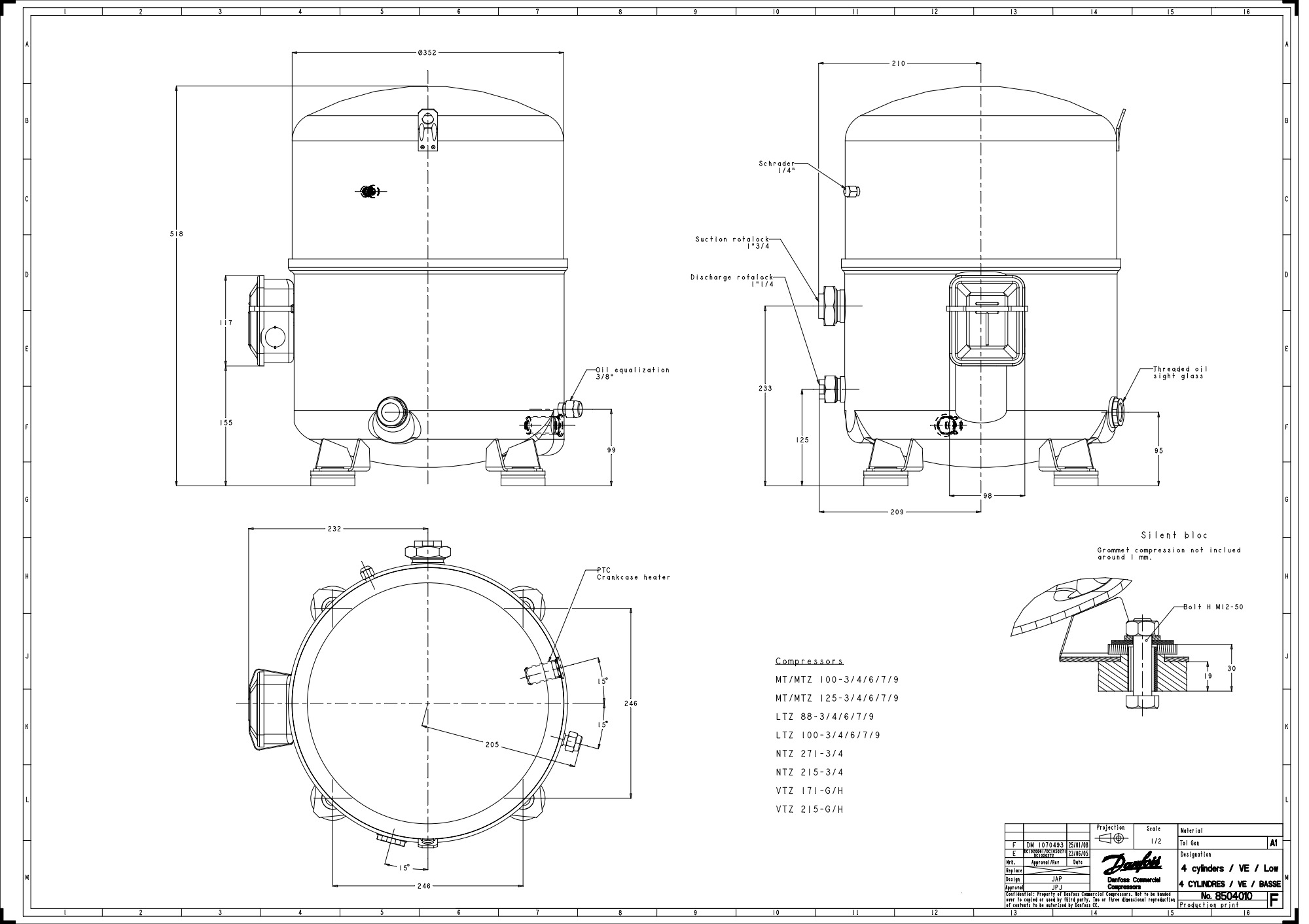 Compressores Recíproco MTZ100 R134/R404 8HP Danfoss