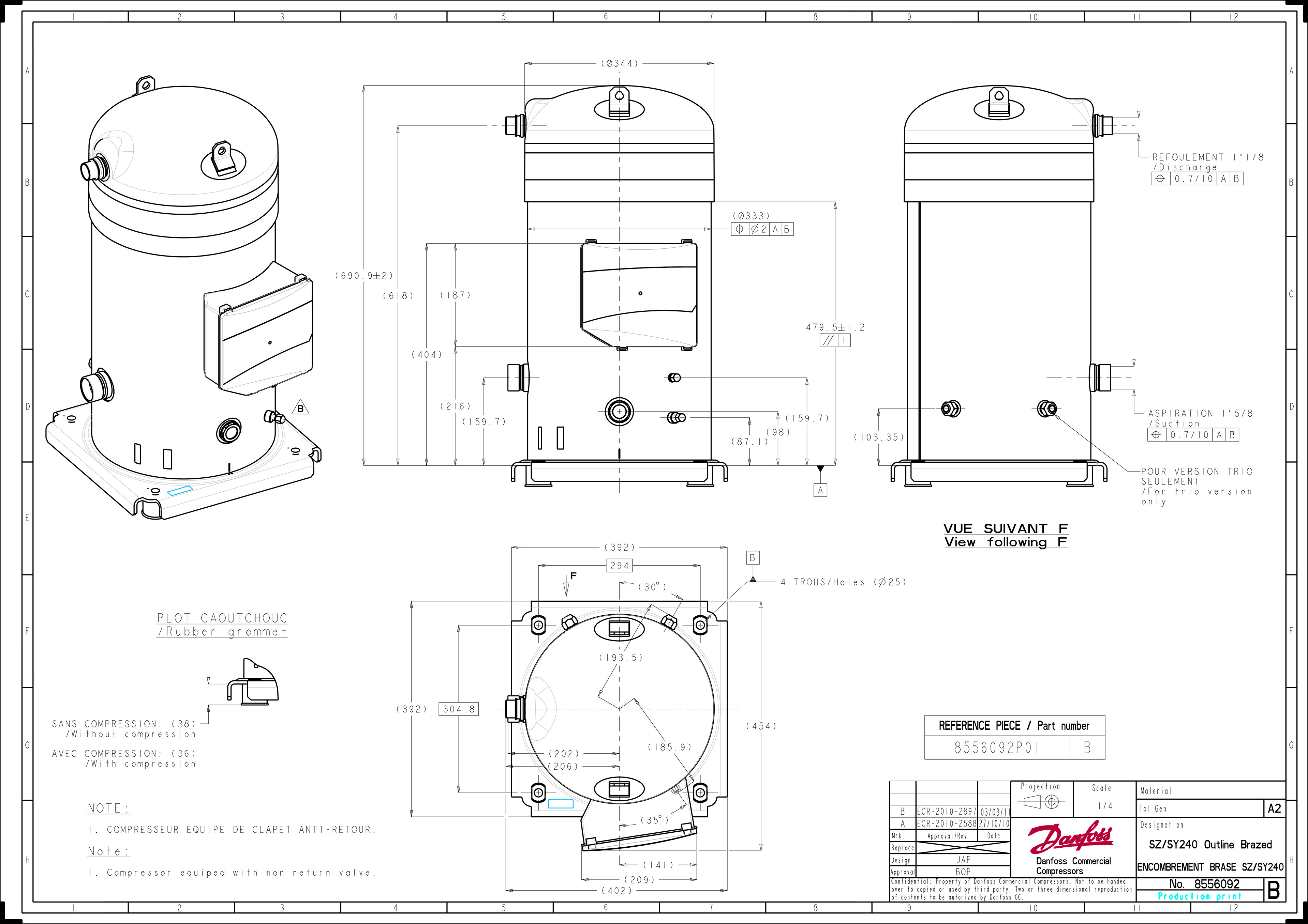 Compressores Scroll SY240 R22/R407 20TR Danfoss para Ar Condicionado