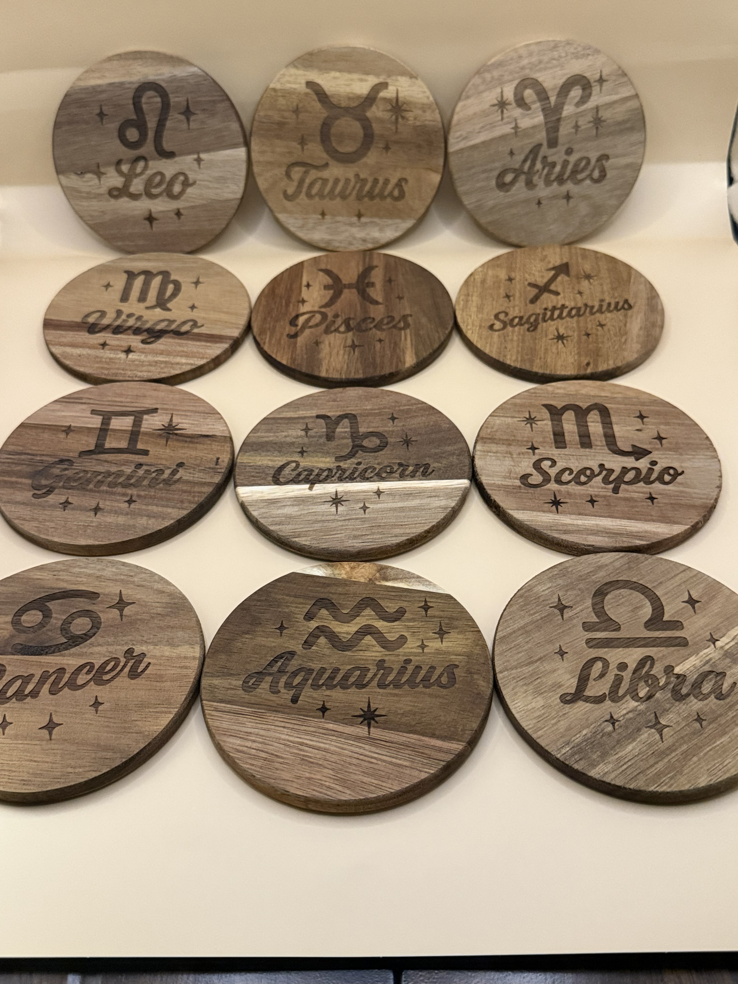 12 Zodiac Sign Acacia Wooden Coasters