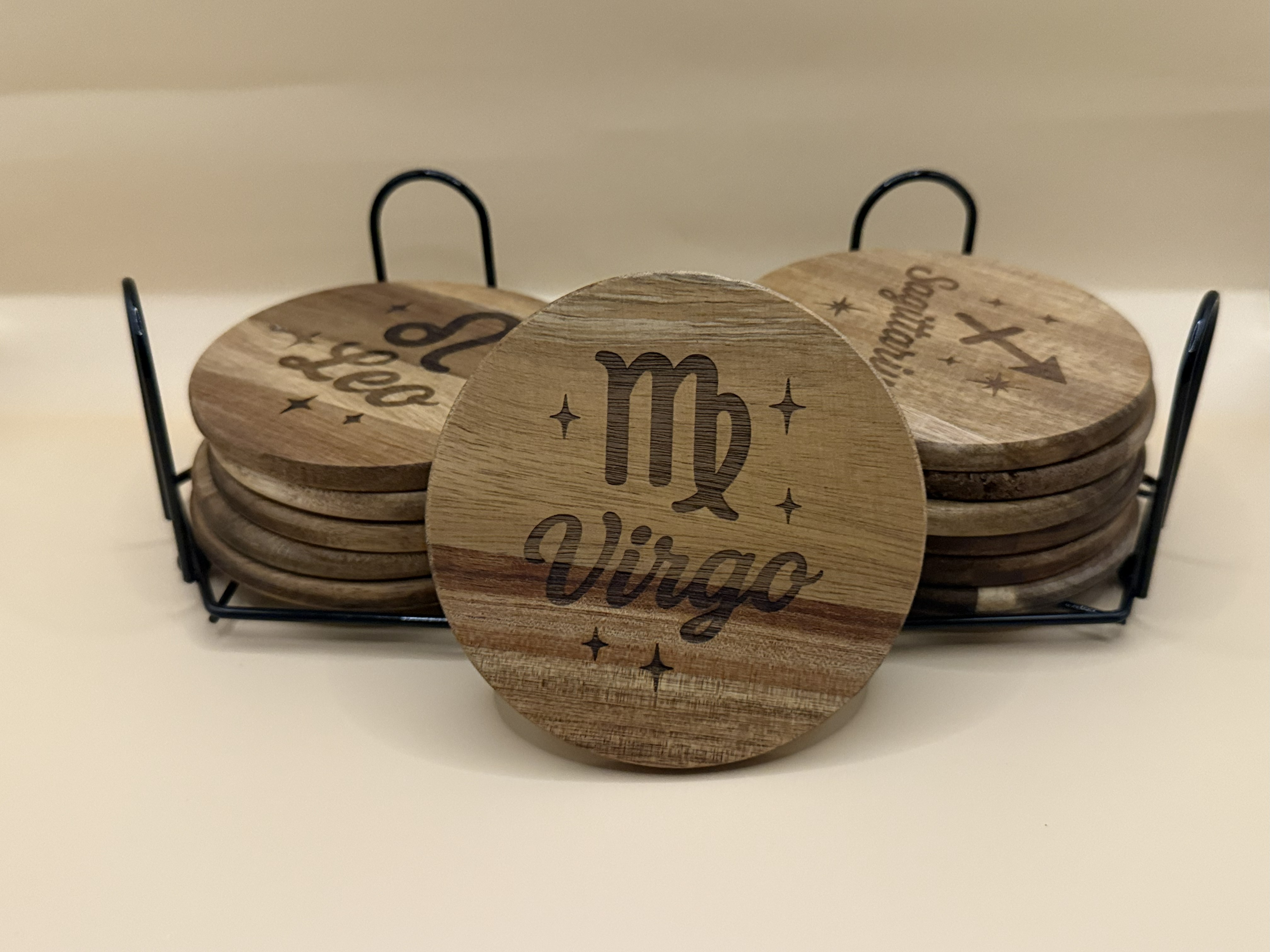 12 Zodiac Sign Acacia Wooden Coasters