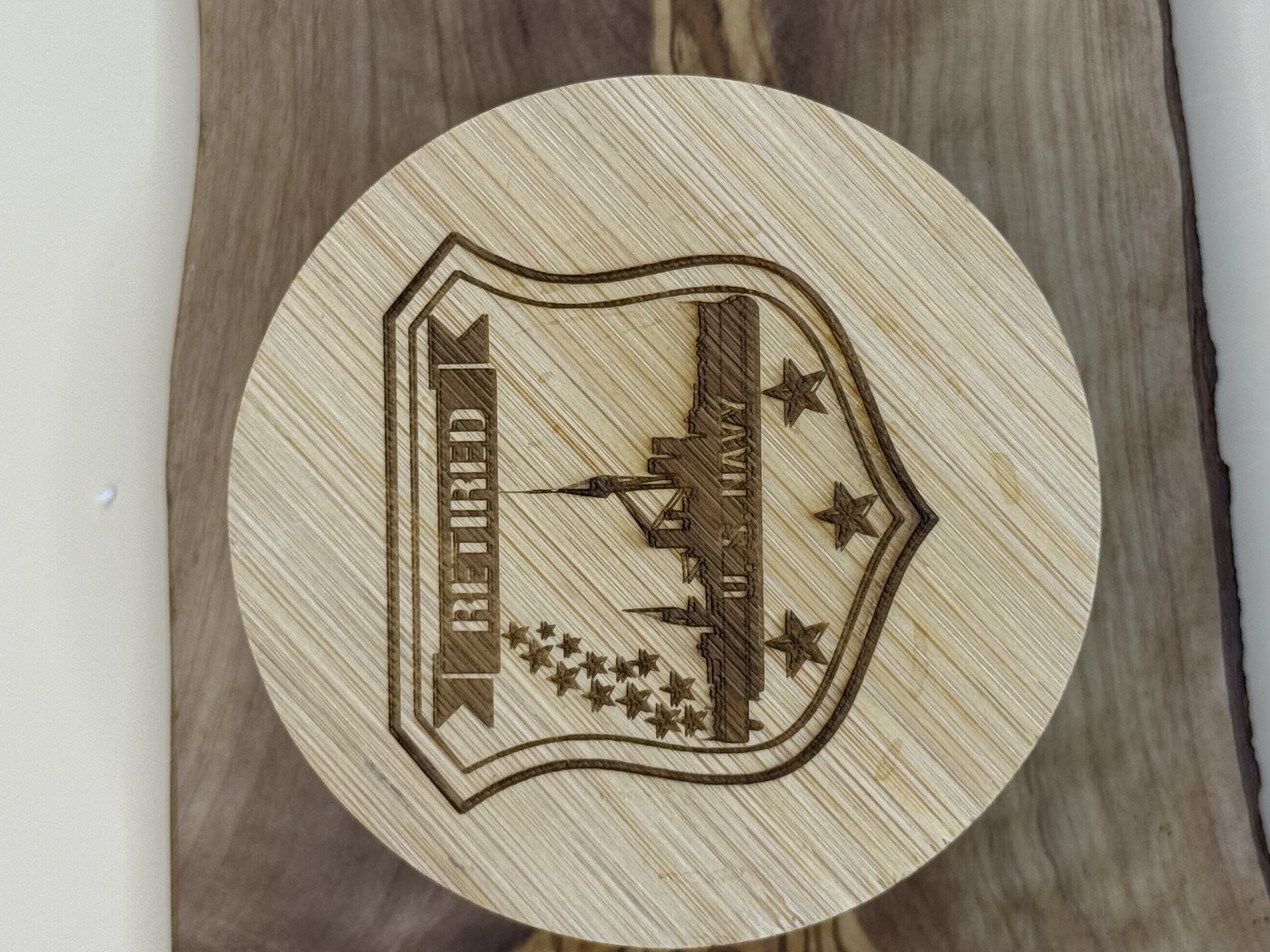 4pc Wooden Retired Navy Engraved Coaster