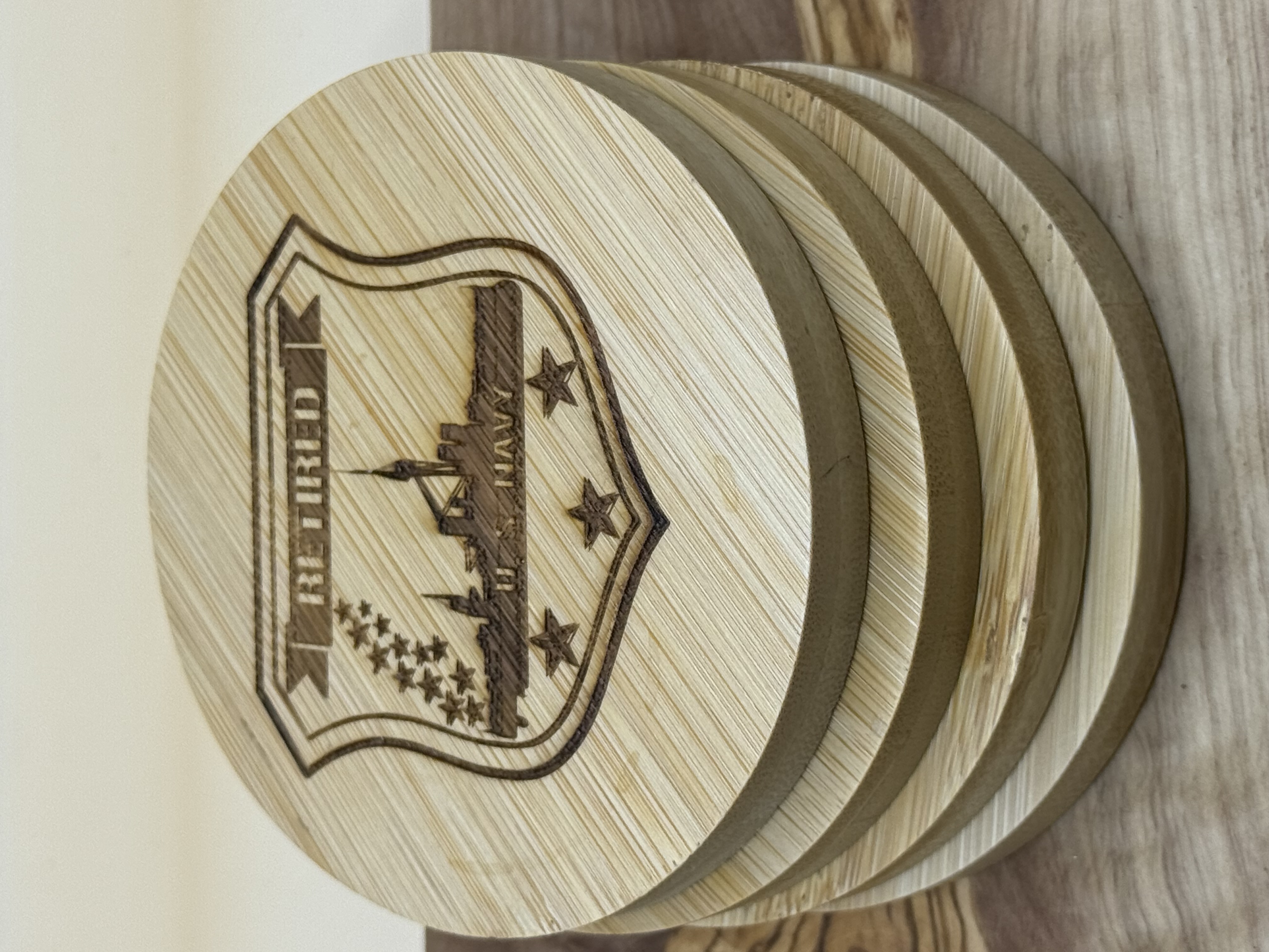4pc Wooden Retired Navy Engraved Coaster