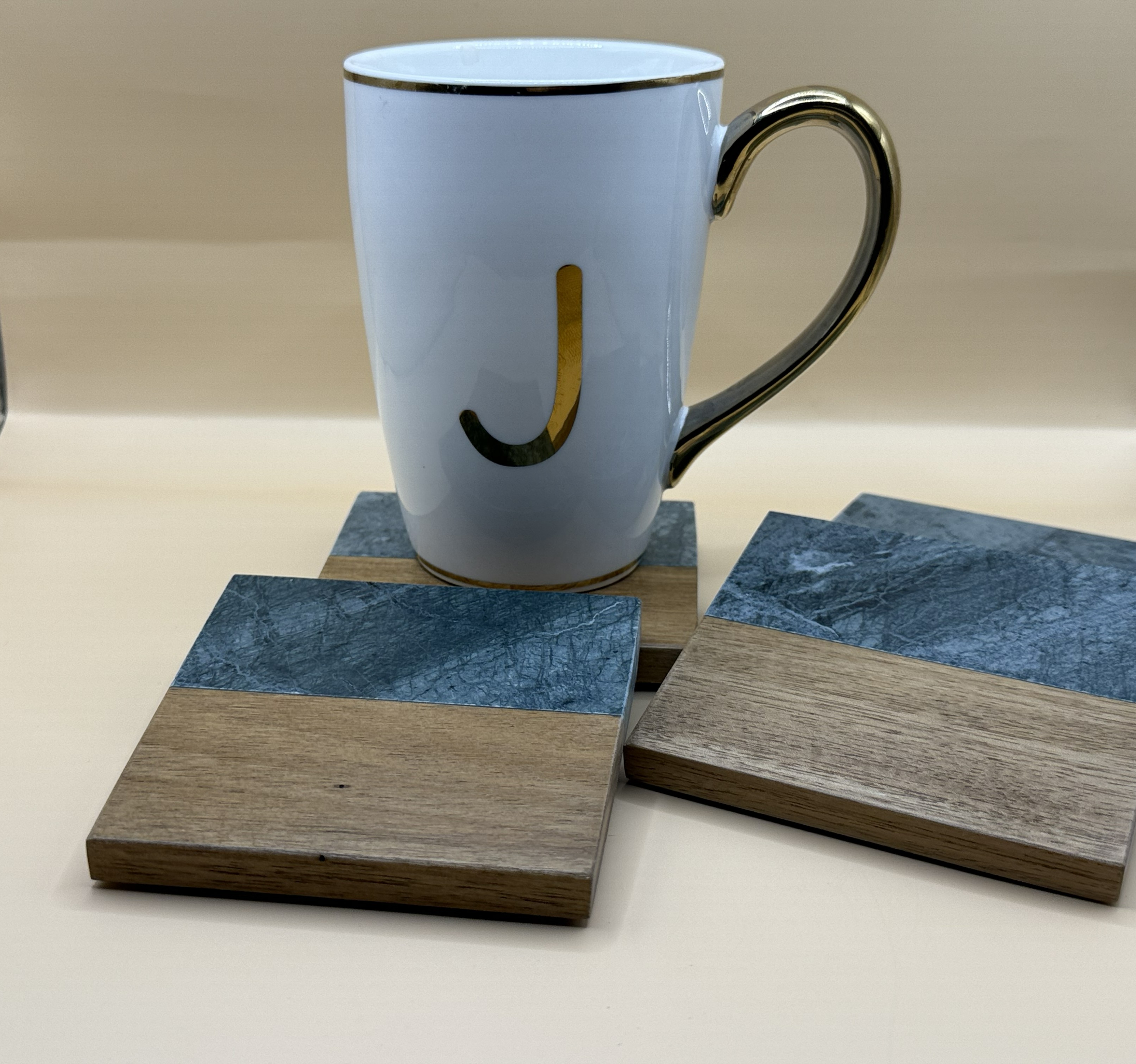 Square Dark Green Marble and Wood Coasters (4pcs) Zodiac Sign Coaster