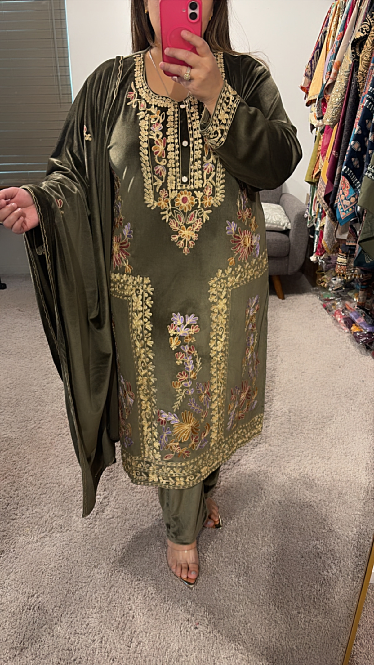 Embroidered Olive Green Pakistani Suit