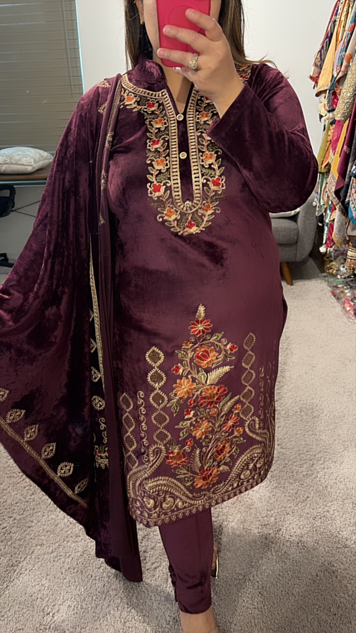 Embroidered Wine Velvet Suit