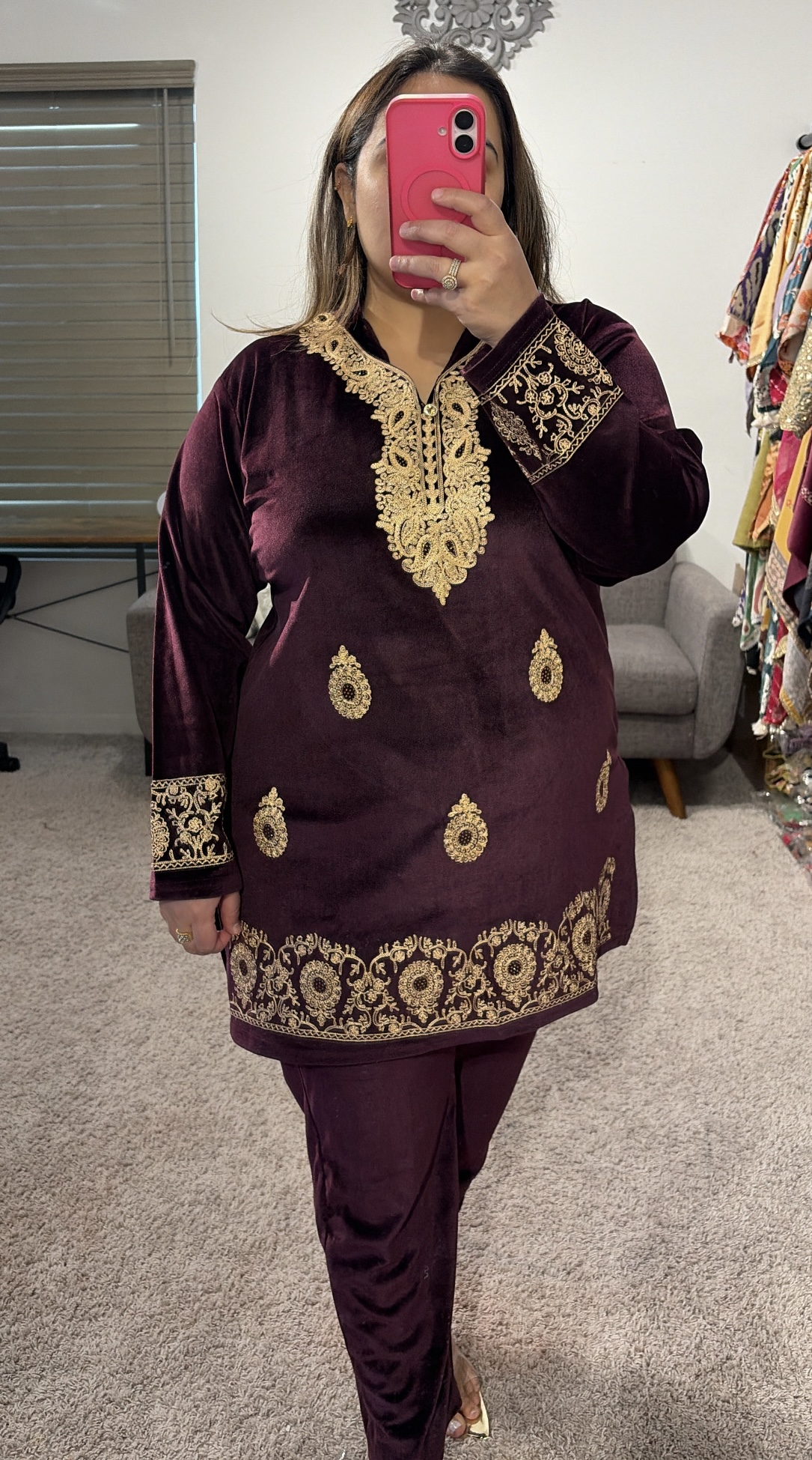 Embroidered Velvet Cord Set