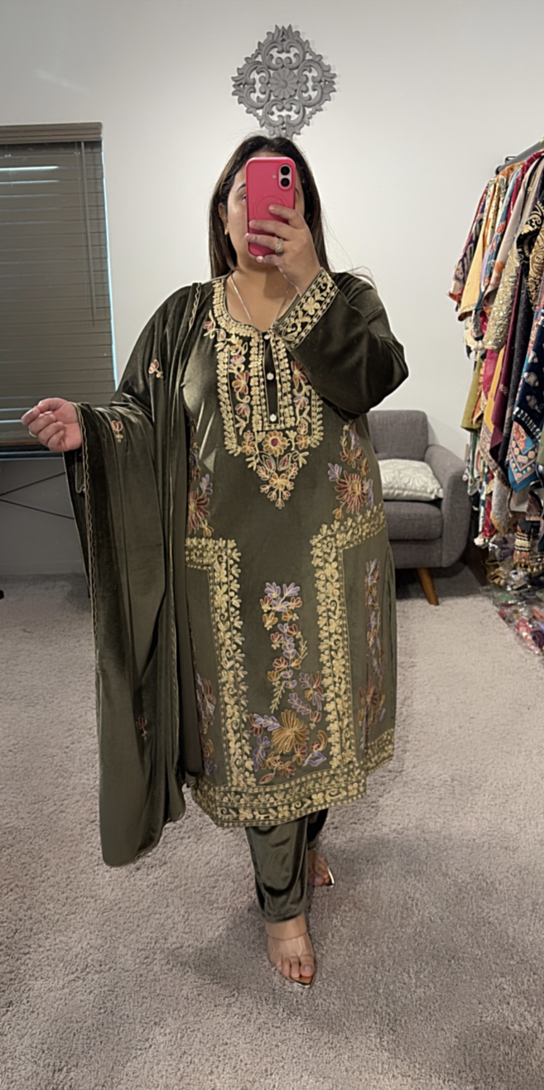 Embroidered Olive Green Pakistani Suit