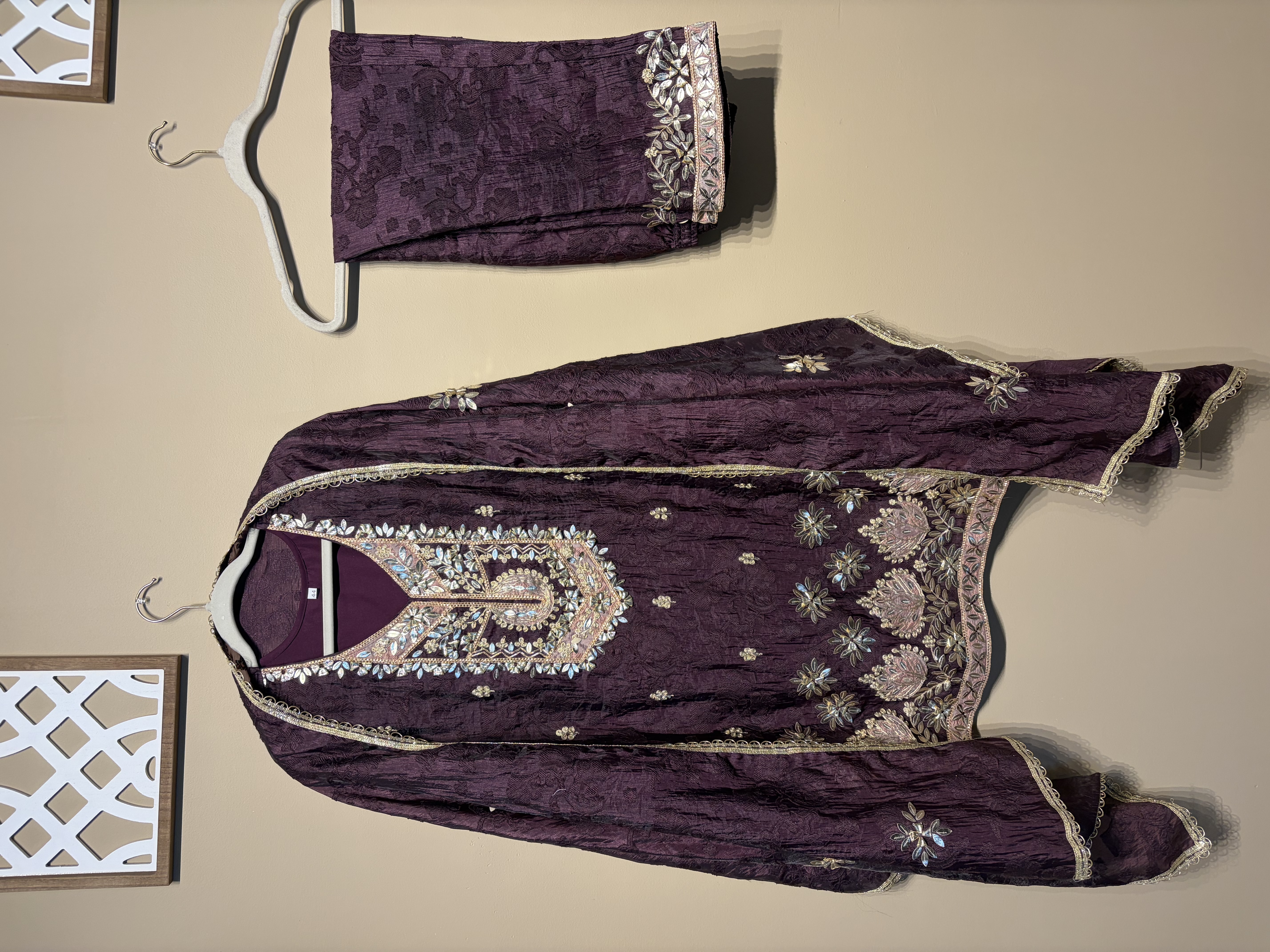 Embroidered Purple Aline Three Piece 