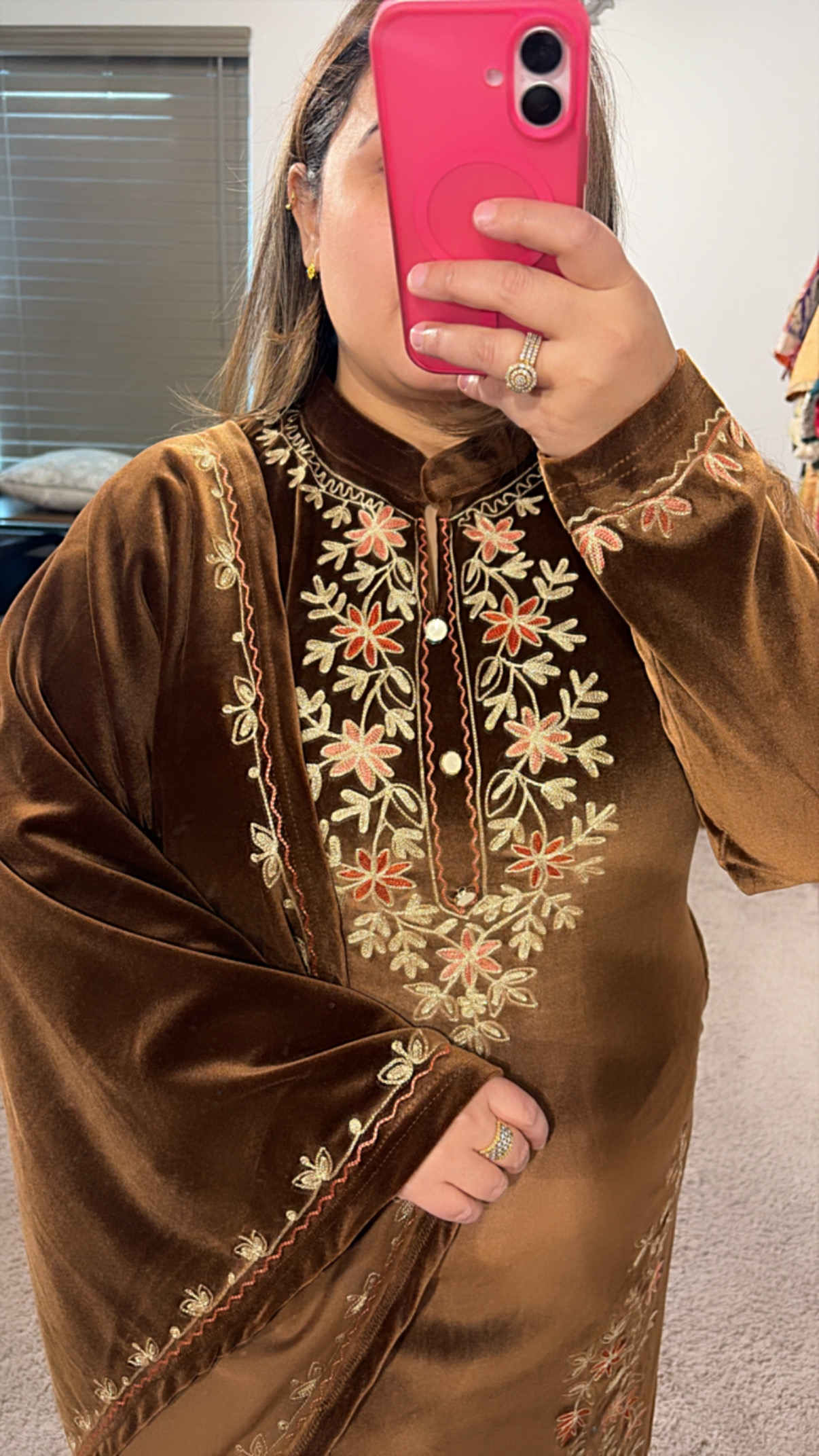 Velvet Embroidered Copper Velvet Three Piece