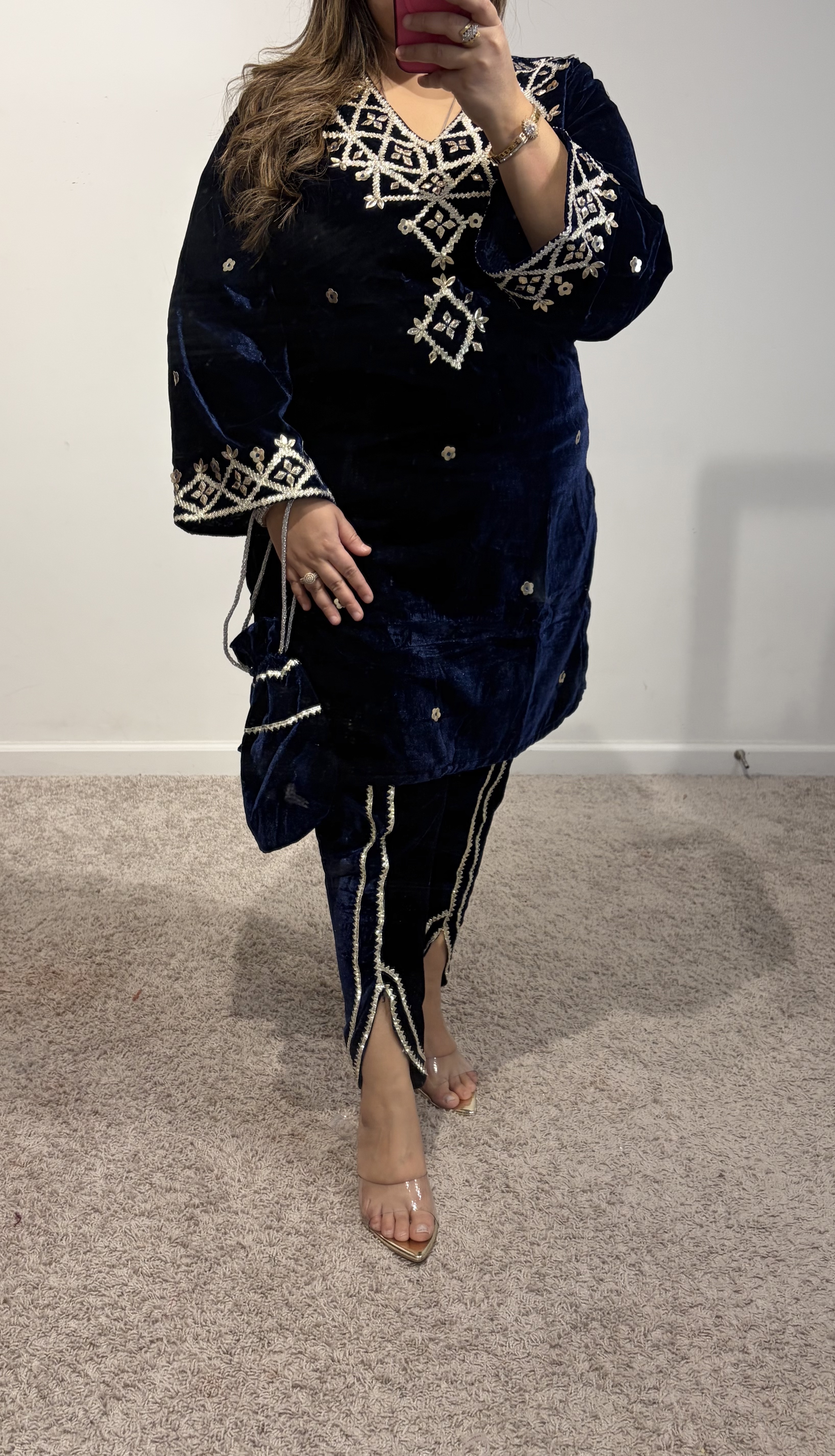 Navy Blue Velvet Gotta Mirror Co ord Set