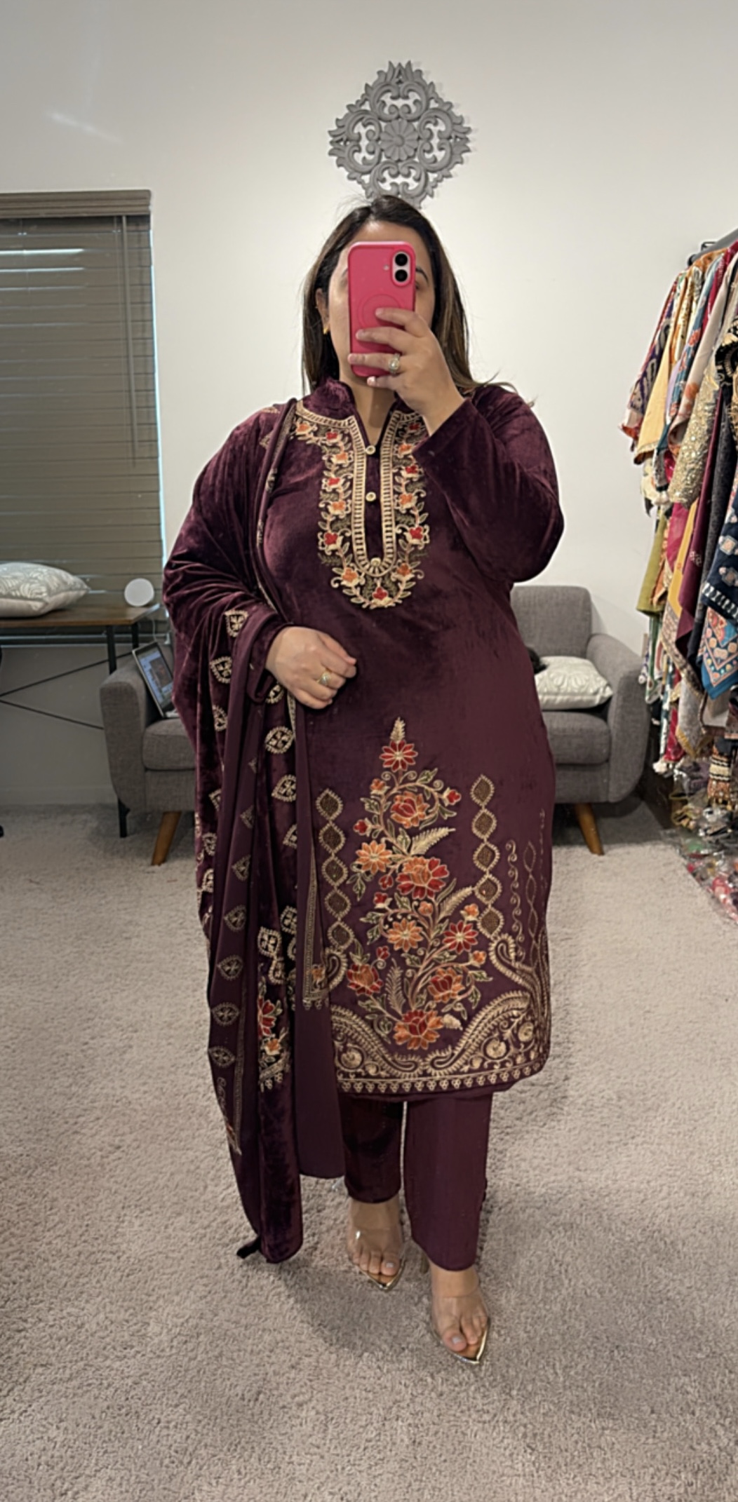 Embroidered Wine Velvet Suit