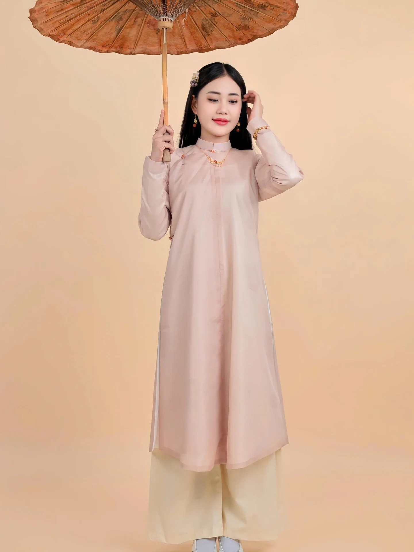 Áo dài ngũ thân Sa Hàn Chữ Thọ