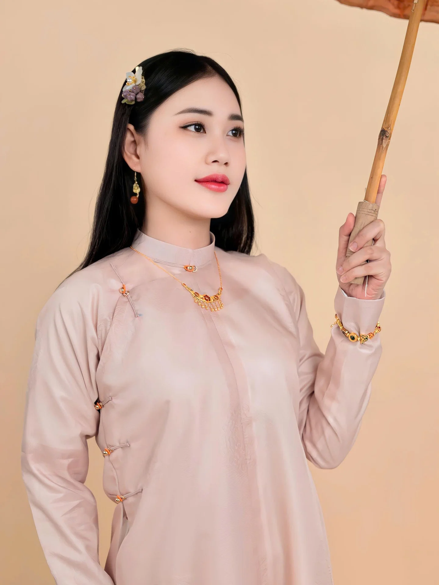 Áo dài ngũ thân Sa Hàn Chữ Thọ